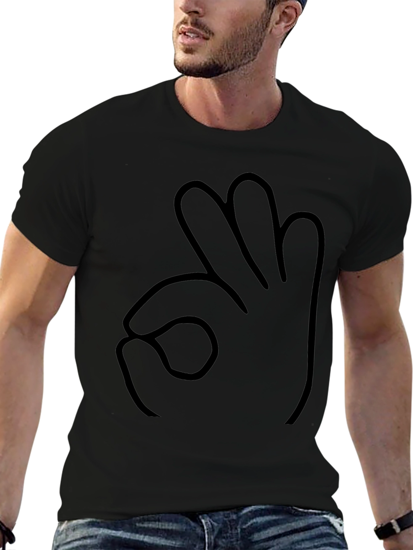 Black T-Shirt OK Hand Gesture Outline Graphic
