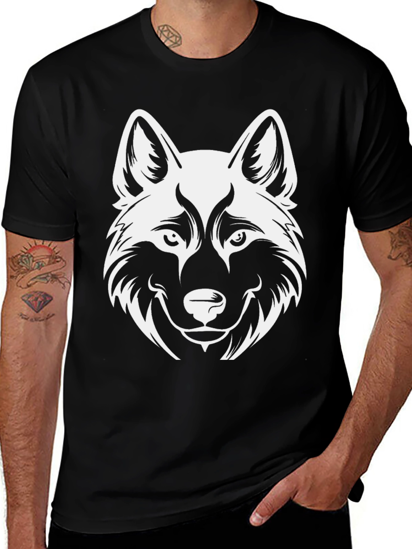 Wolf Head Graphic Print Black T-Shirt