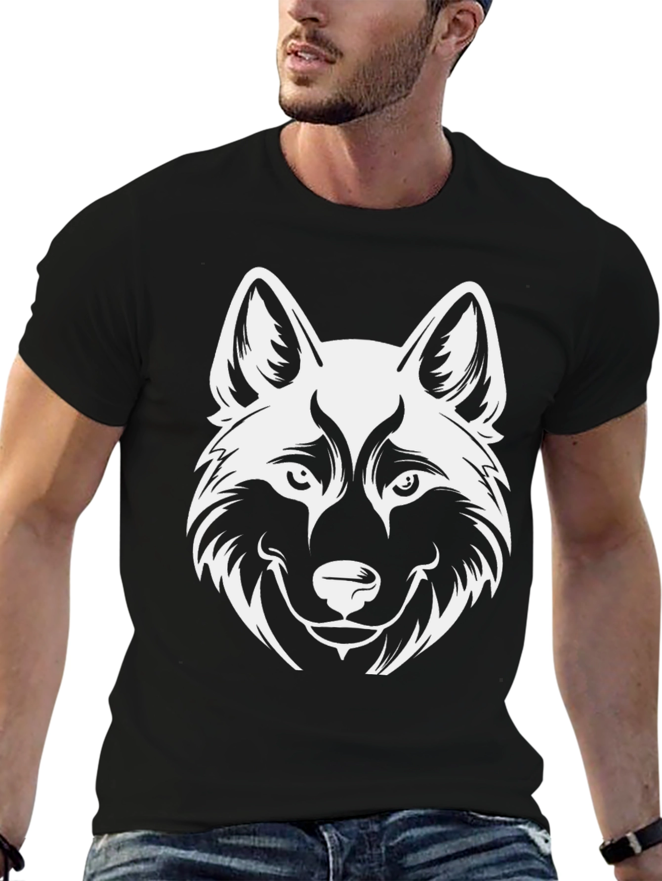 Wolf Head Graphic Print Black T-Shirt