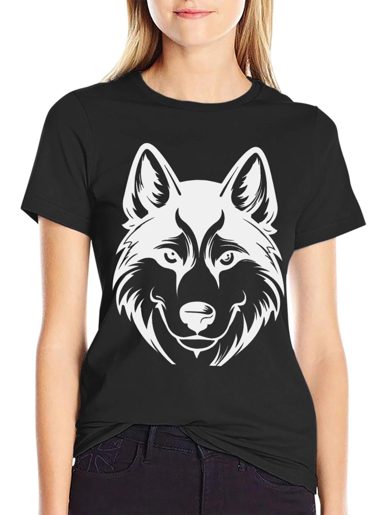 Wolf Head Graphic Print Black T-Shirt