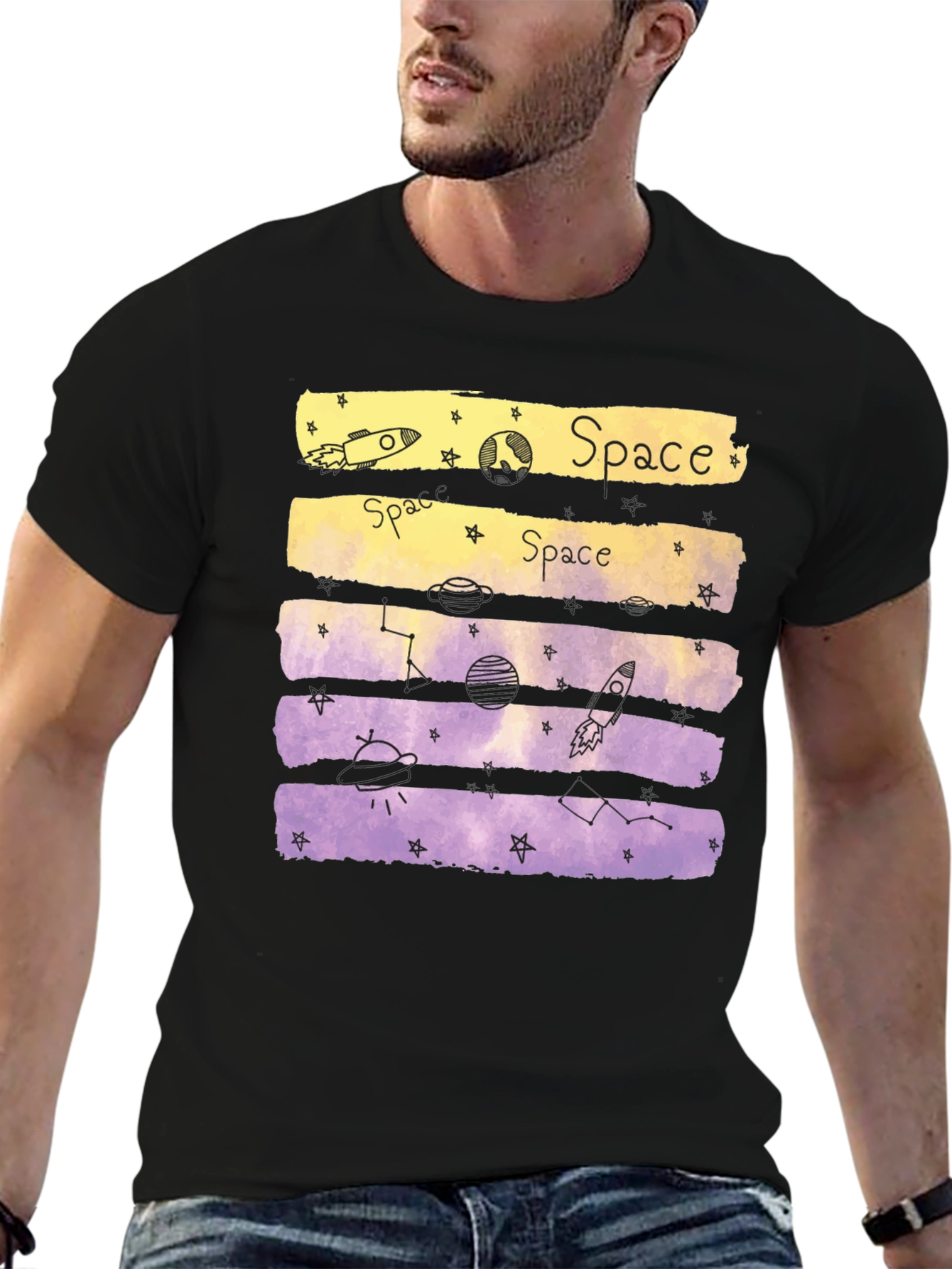 Space Theme Graphic Tee - Black Cotton Blend