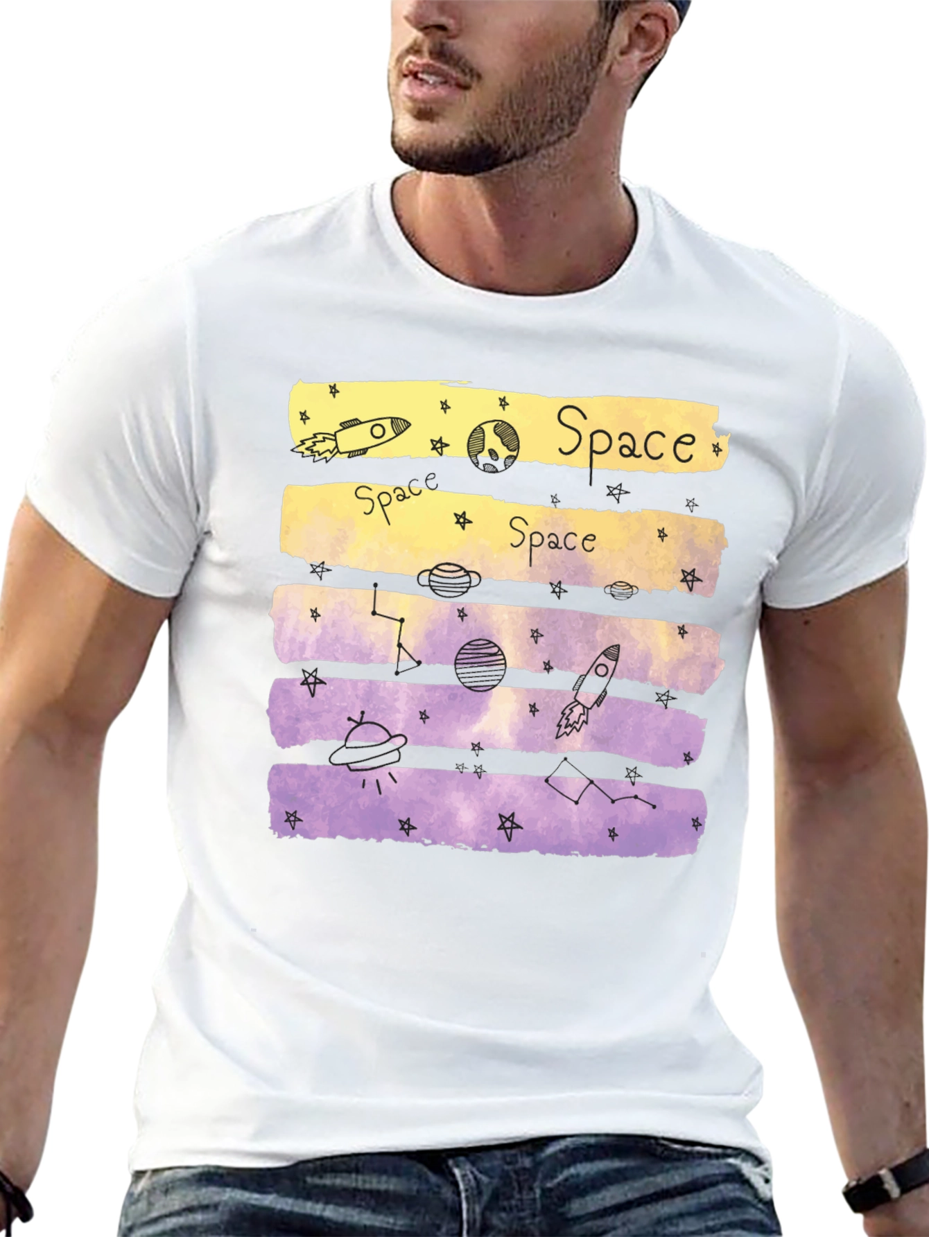 Space Theme Graphic Tee - Black Cotton Blend