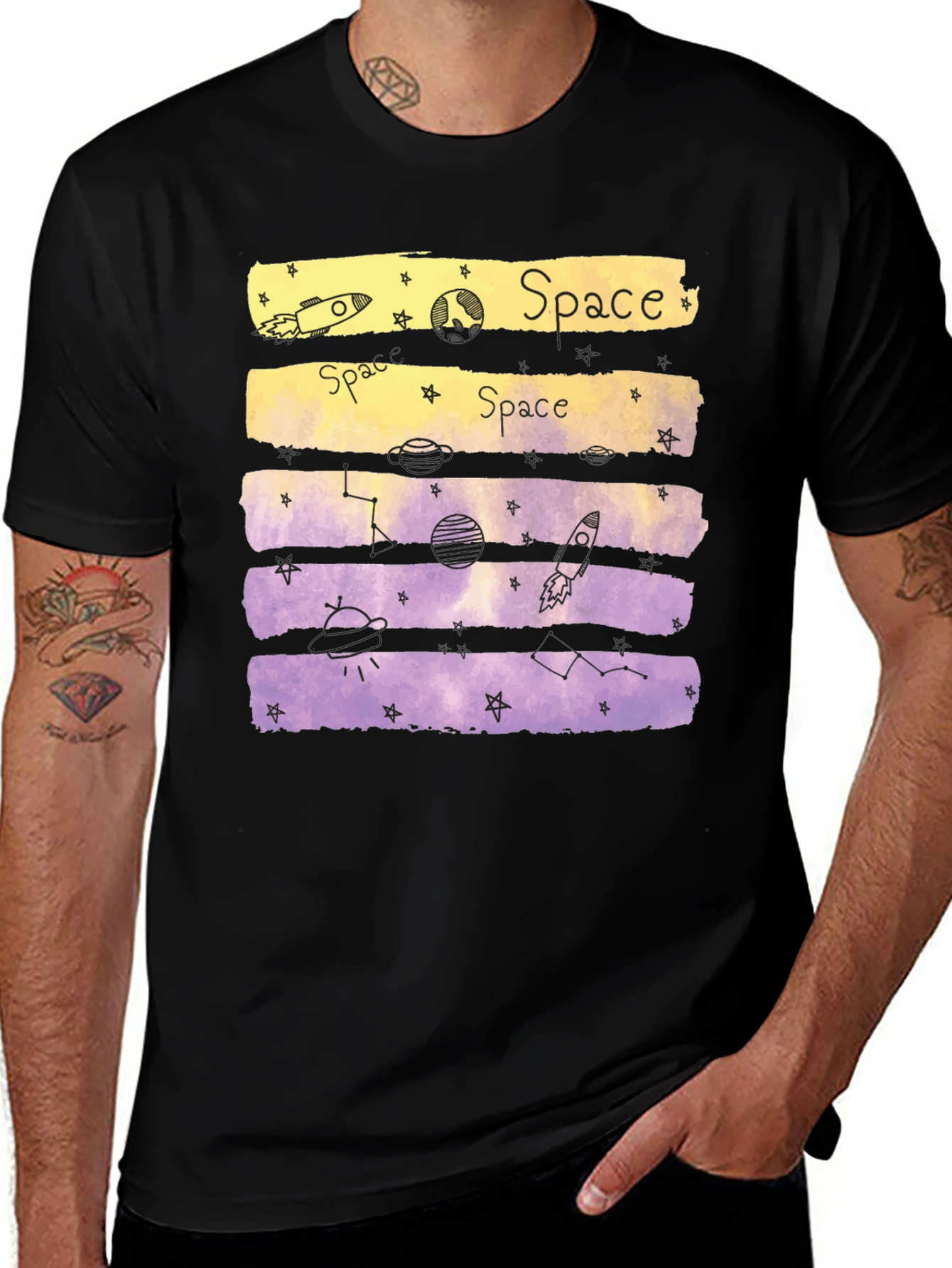 Space Theme Graphic Tee - Black Cotton Blend