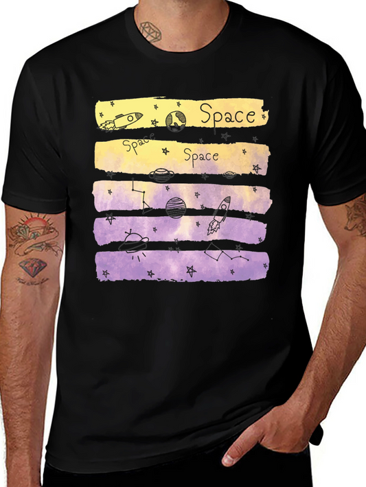 Space Theme Graphic Tee - Black Cotton Blend