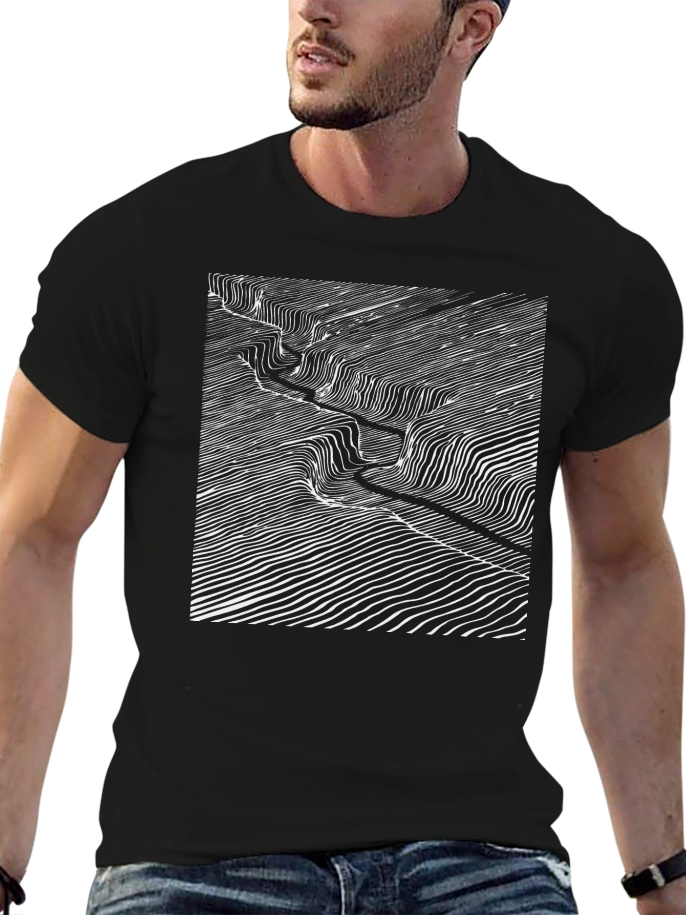 Abstract Topographic Line Art Black T-Shirt