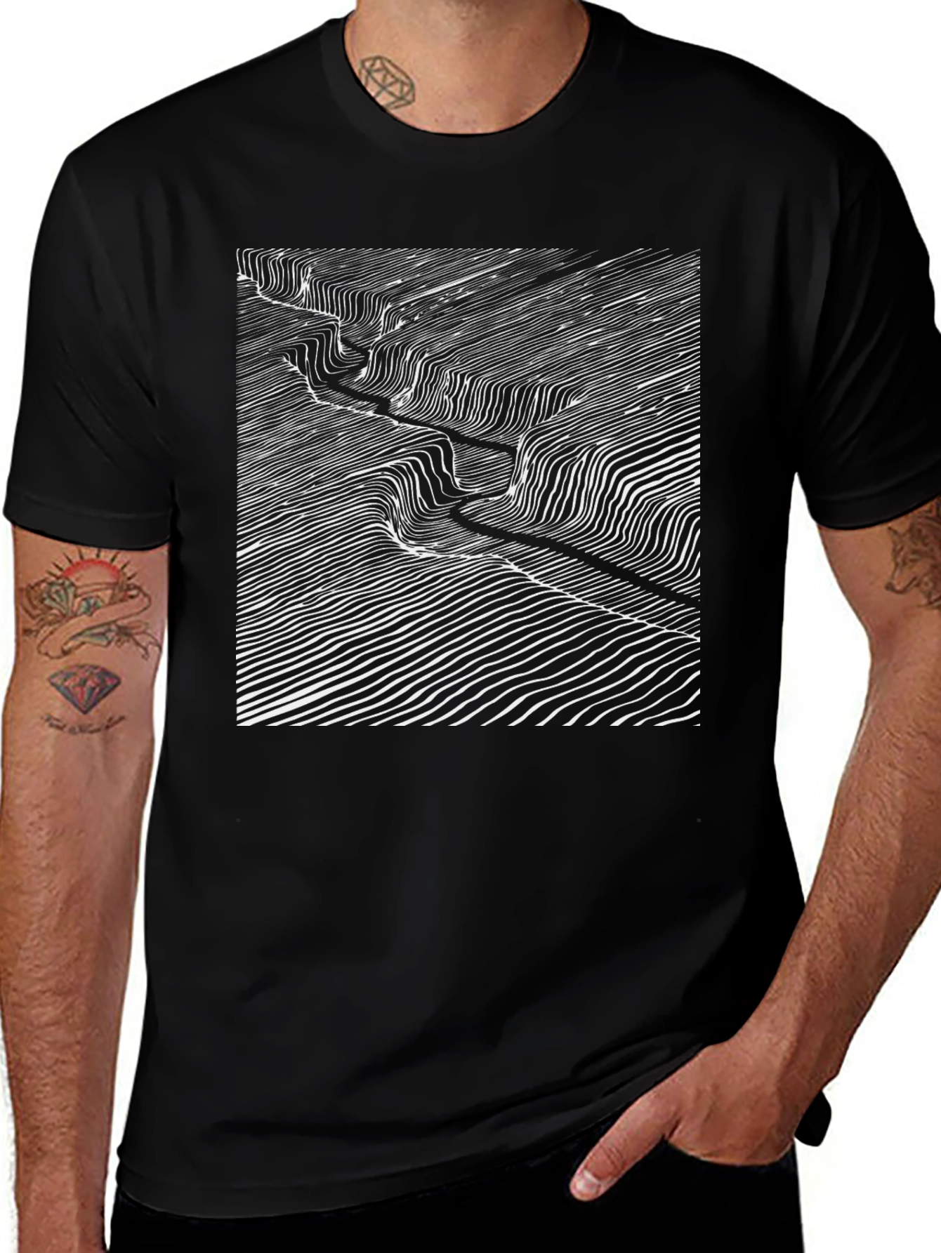Abstract Topographic Line Art Black T-Shirt