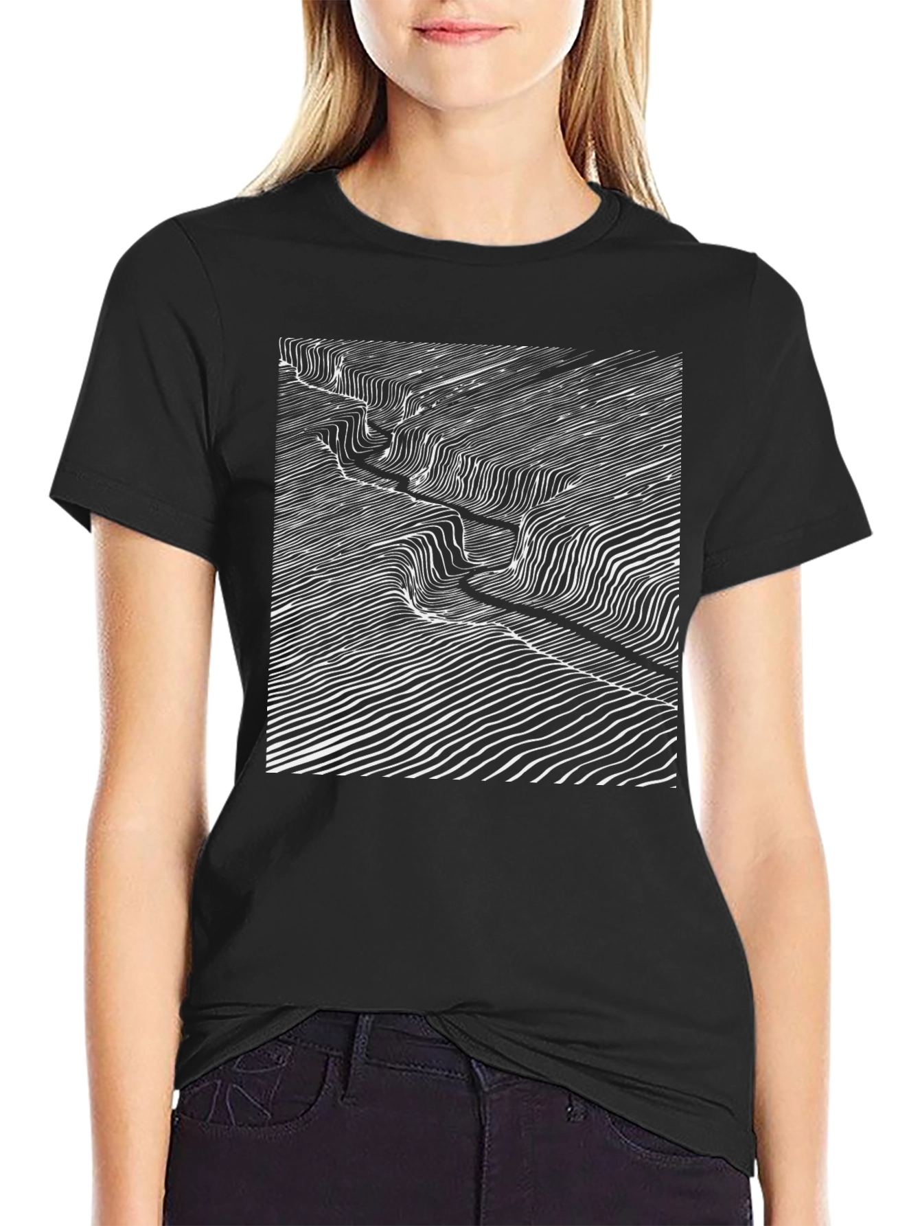 Abstract Topographic Line Art Black T-Shirt