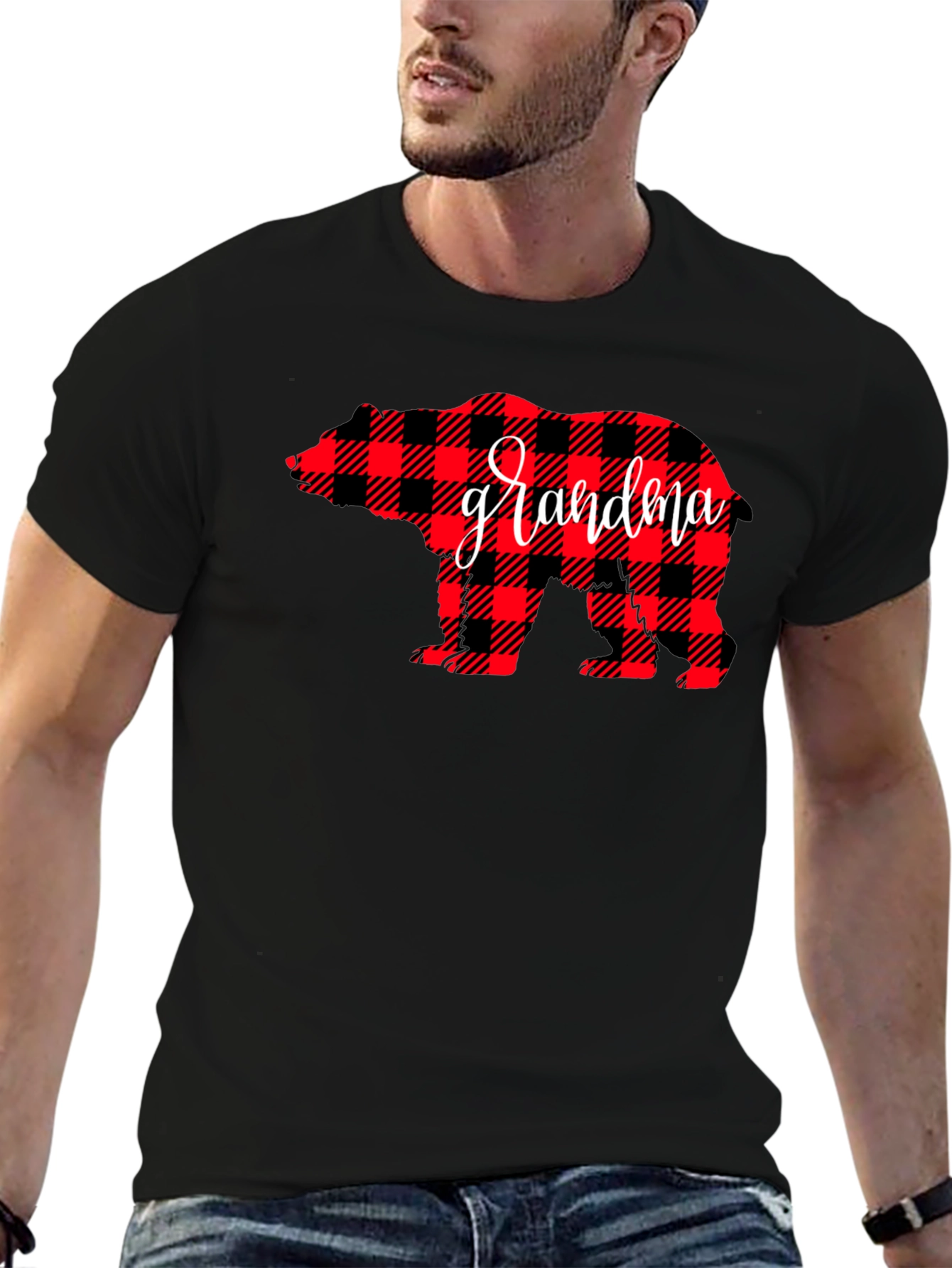 Grandma Bear Plaid Graphic Tee - Black