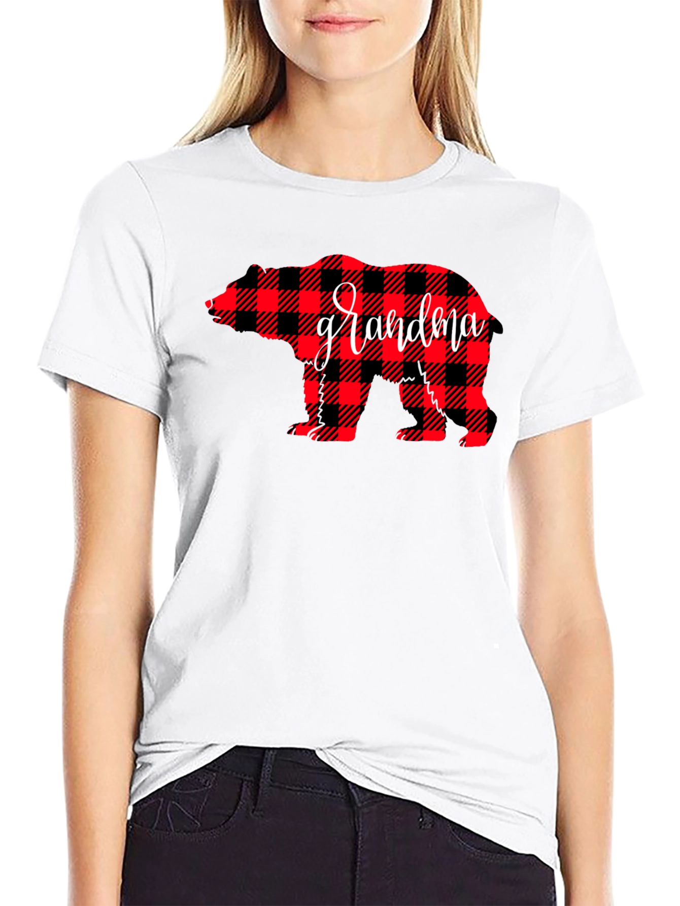 Grandma Bear Plaid Graphic Tee - Black