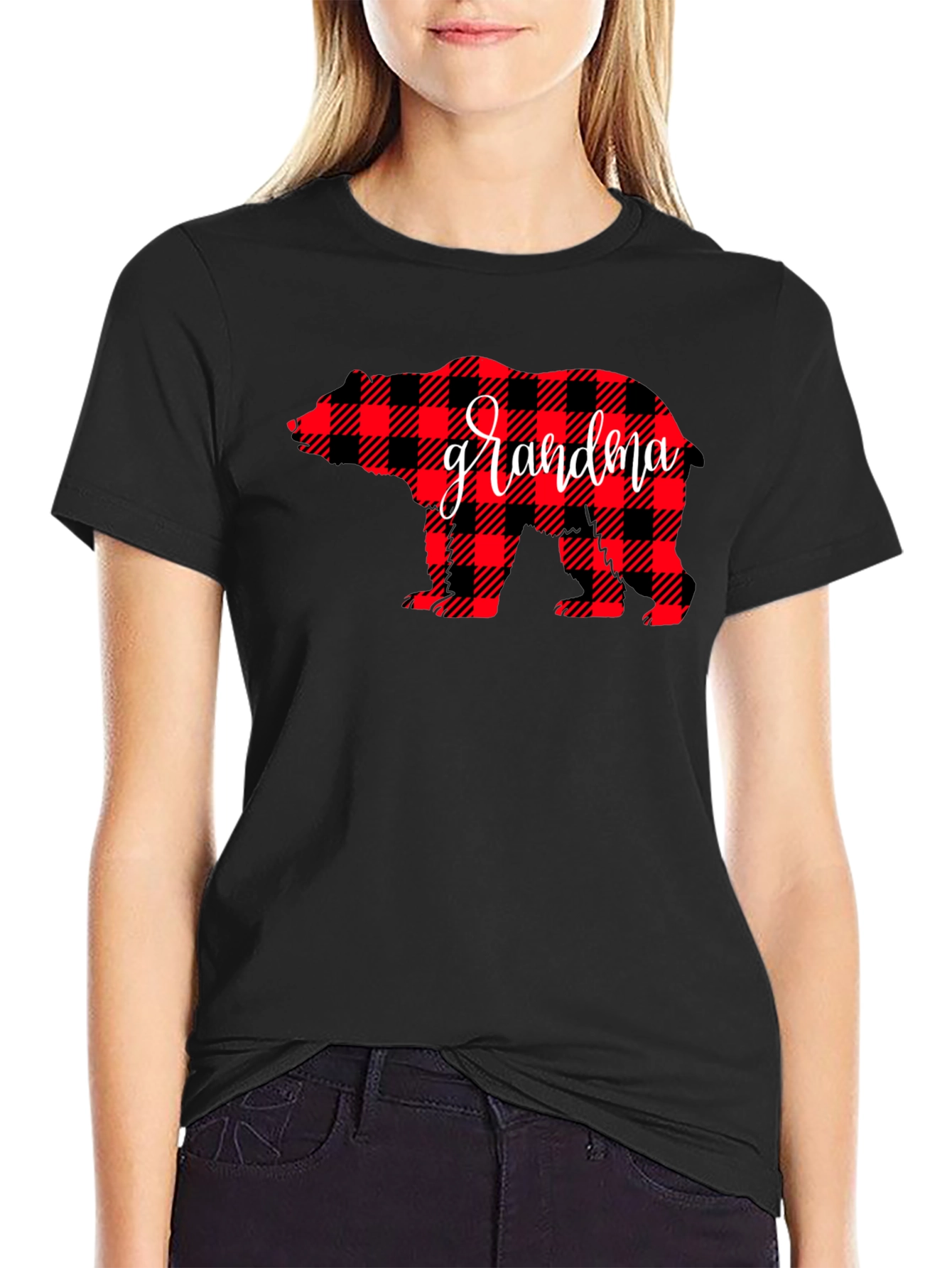 Grandma Bear Plaid Graphic Tee - Black