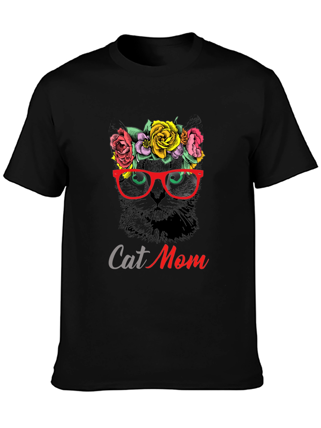 Cat Mom T-Shirt - Floral Cat with Glasses
