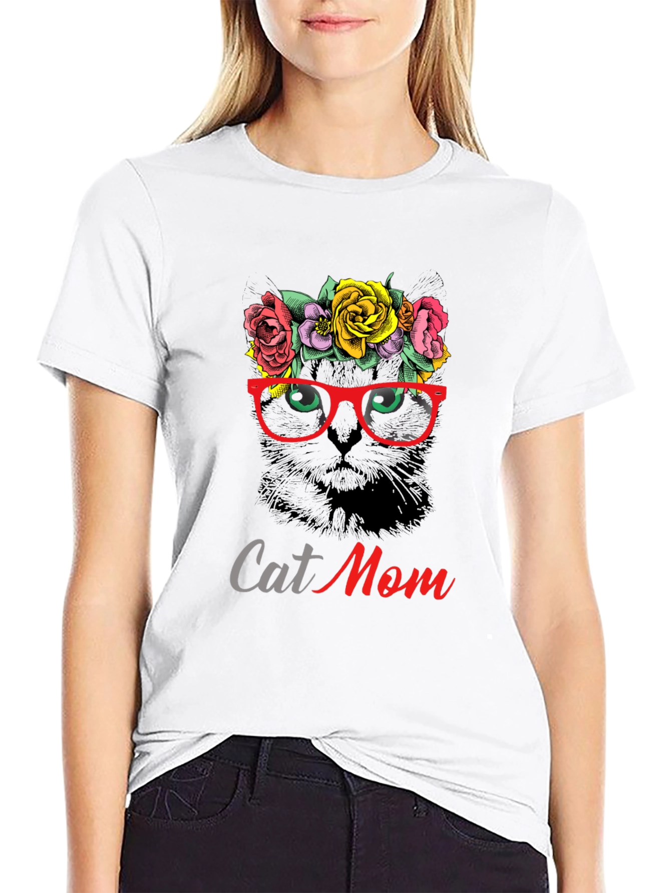 Cat Mom T-Shirt - Floral Cat with Glasses