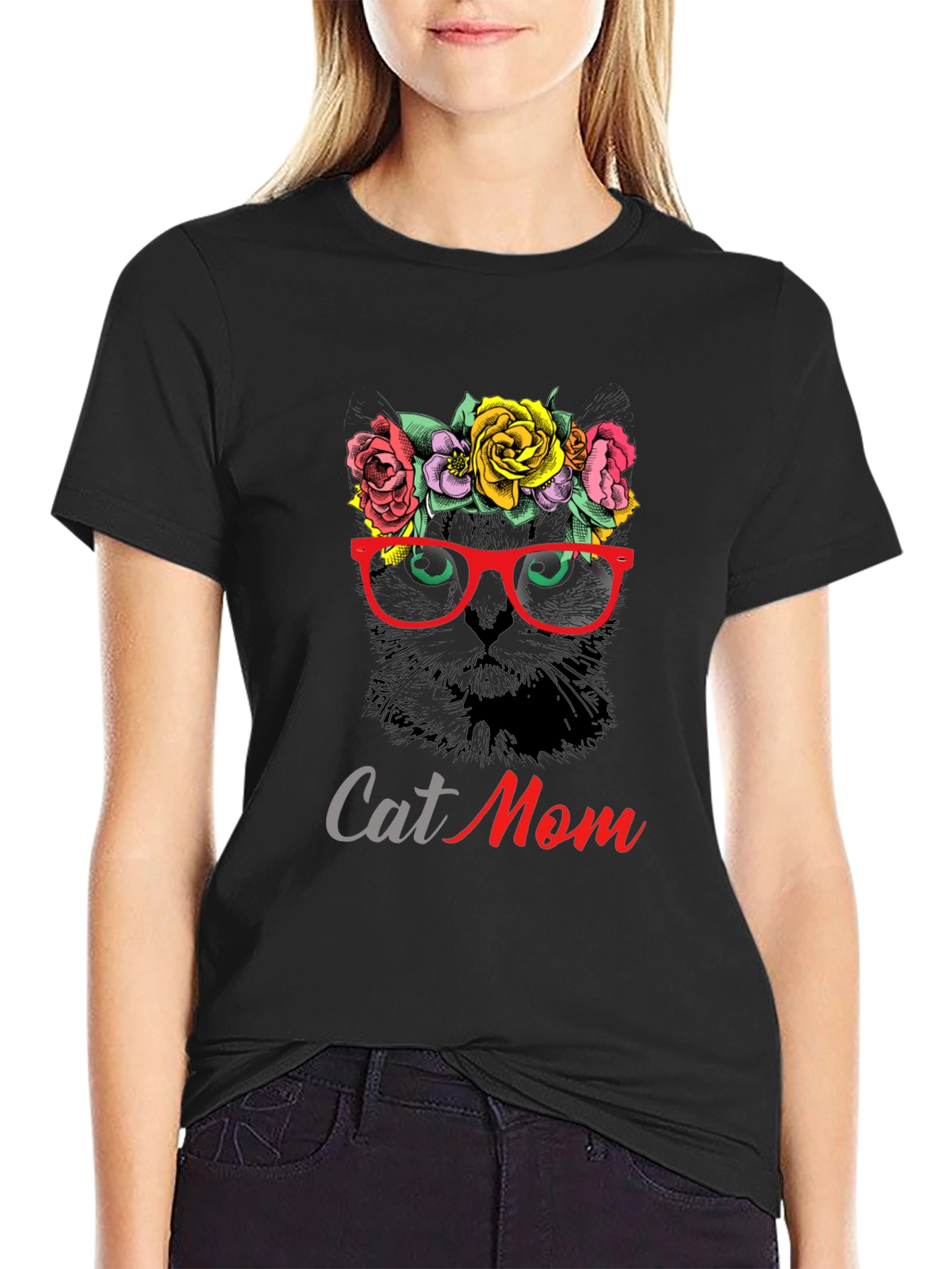 Cat Mom T-Shirt - Floral Cat with Glasses