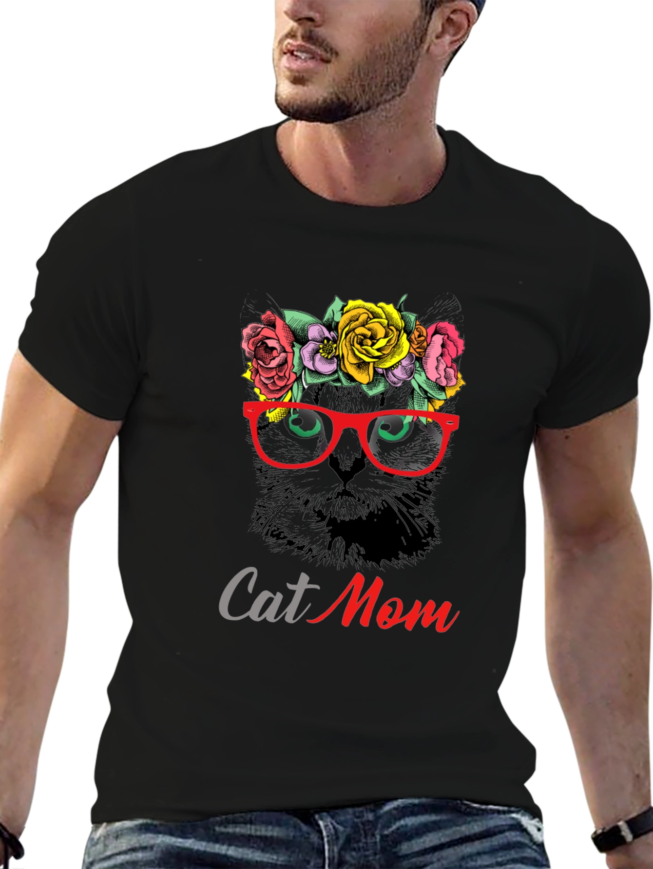 Cat Mom T-Shirt - Floral Cat with Glasses