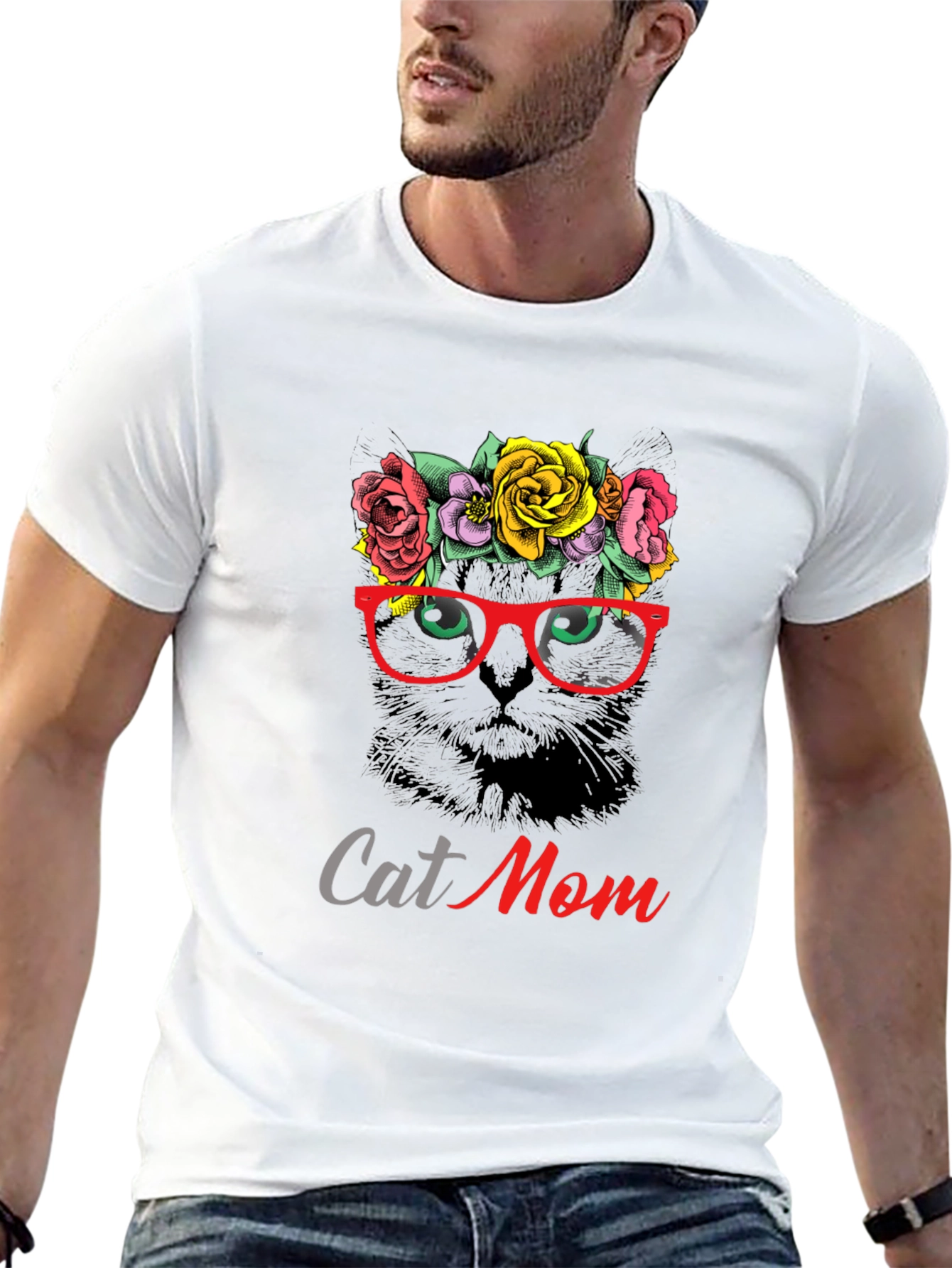 Cat Mom T-Shirt - Floral Cat with Glasses