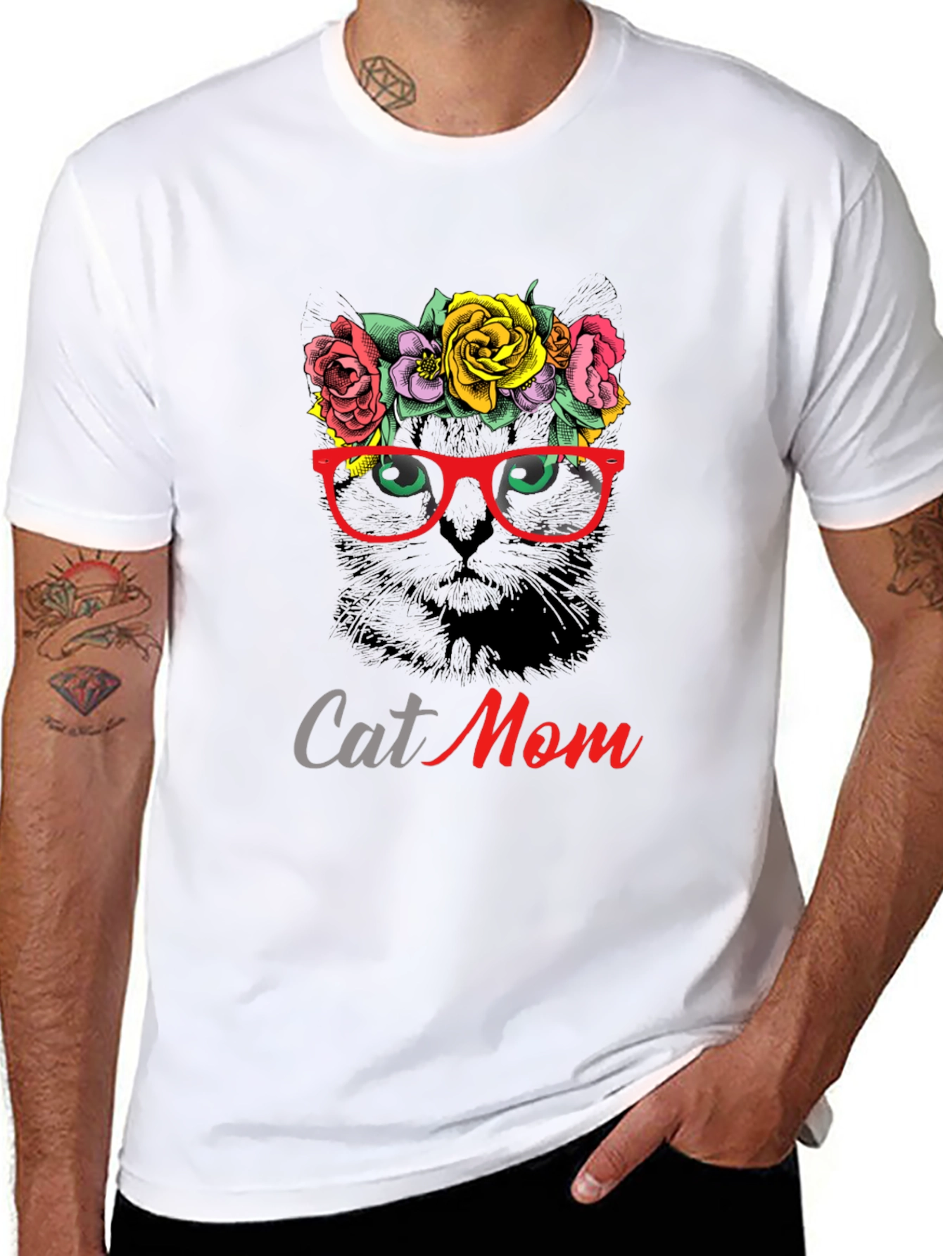 Cat Mom T-Shirt - Floral Cat with Glasses