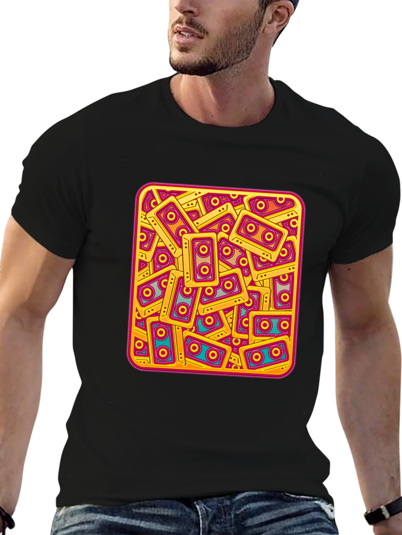 Retro Cassette Tape Pattern T-Shirt