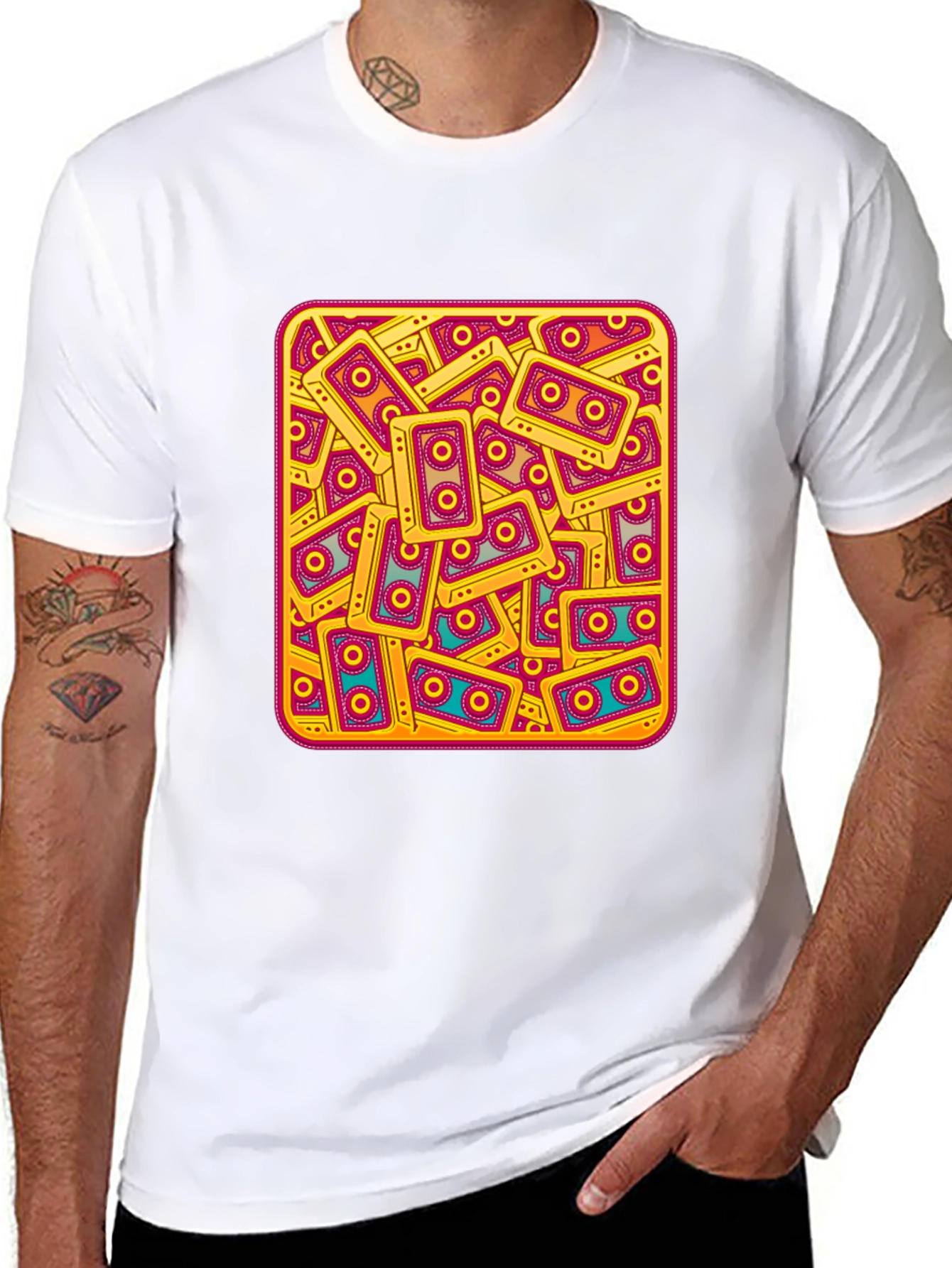 Retro Cassette Tape Pattern T-Shirt