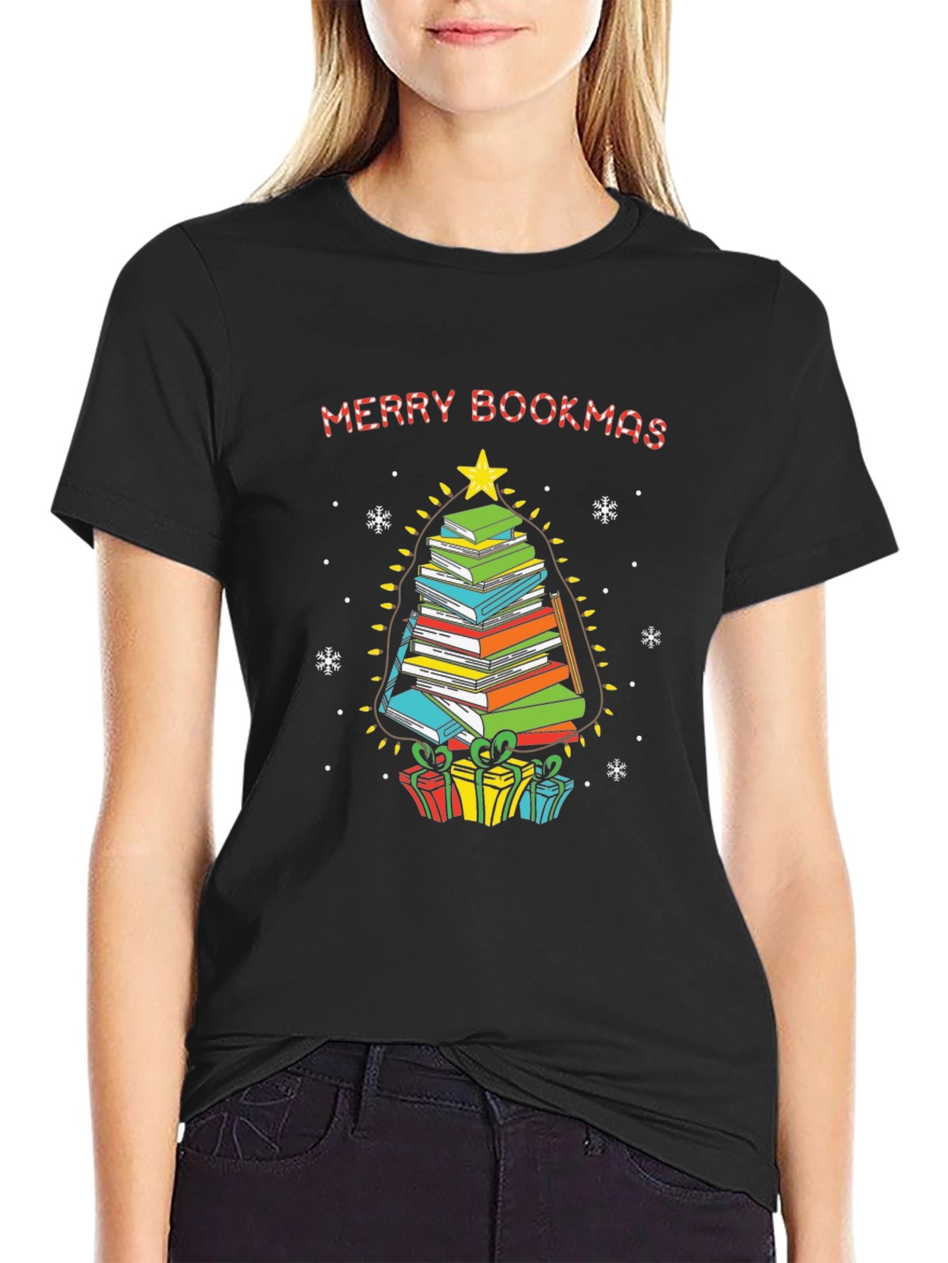 Merry Bookmas T-Shirt - Stacked Book Christmas Tree