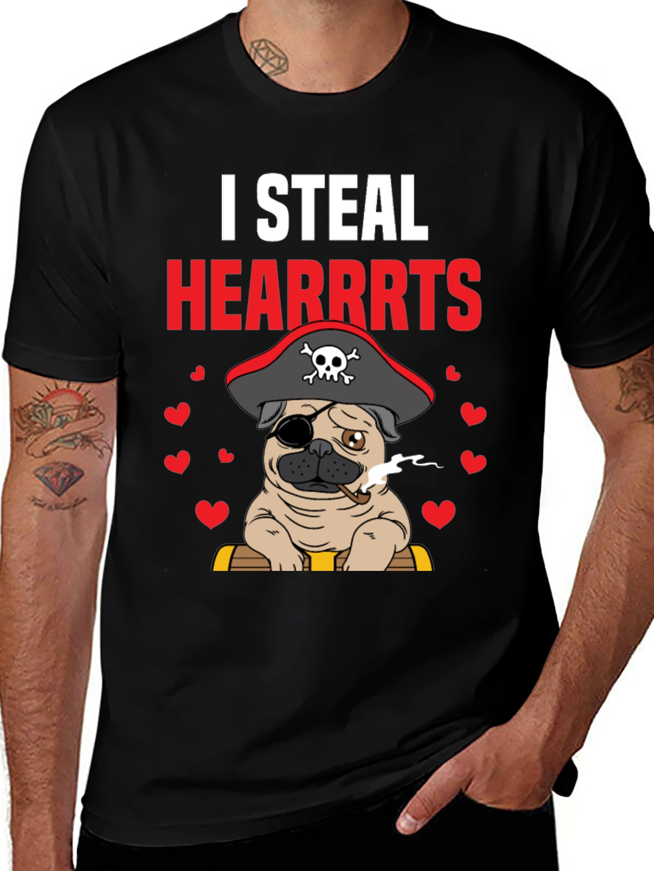 Pirate Pug Steal Hearts T-Shirt – Funny Dog Lover Tee