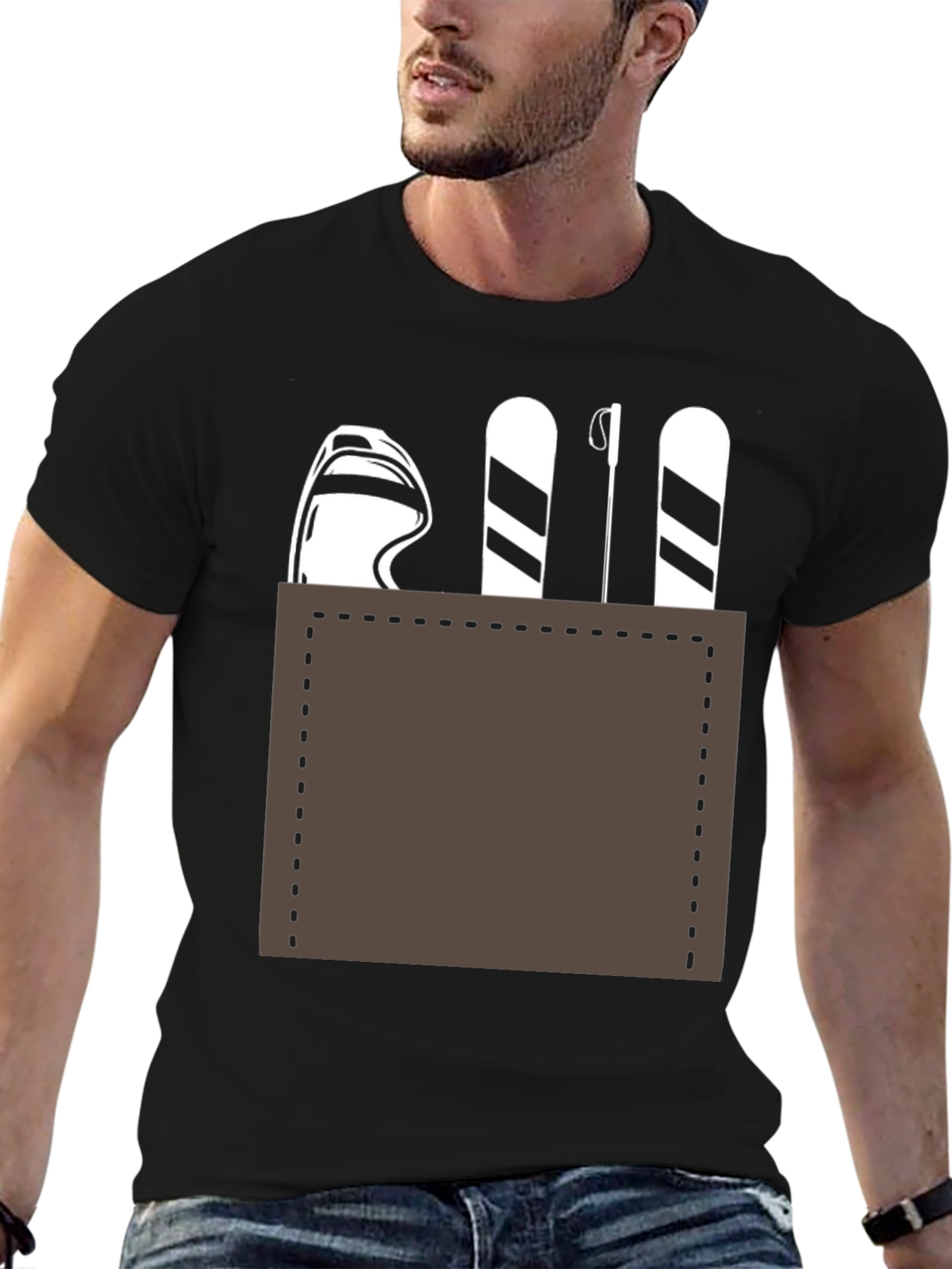 Skiing Pocket Graphic Tee - Black Cotton Blend