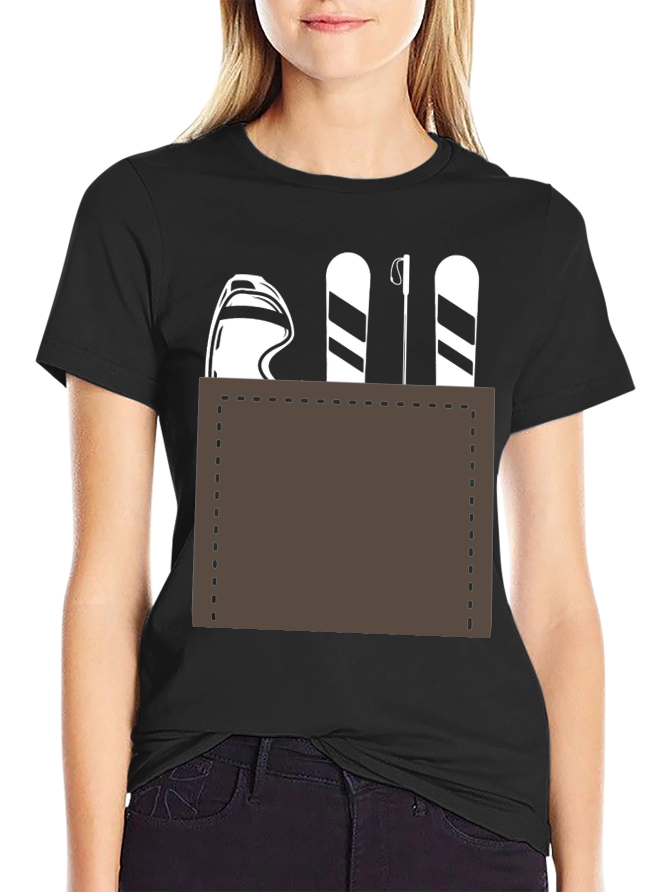 Skiing Pocket Graphic Tee - Black Cotton Blend