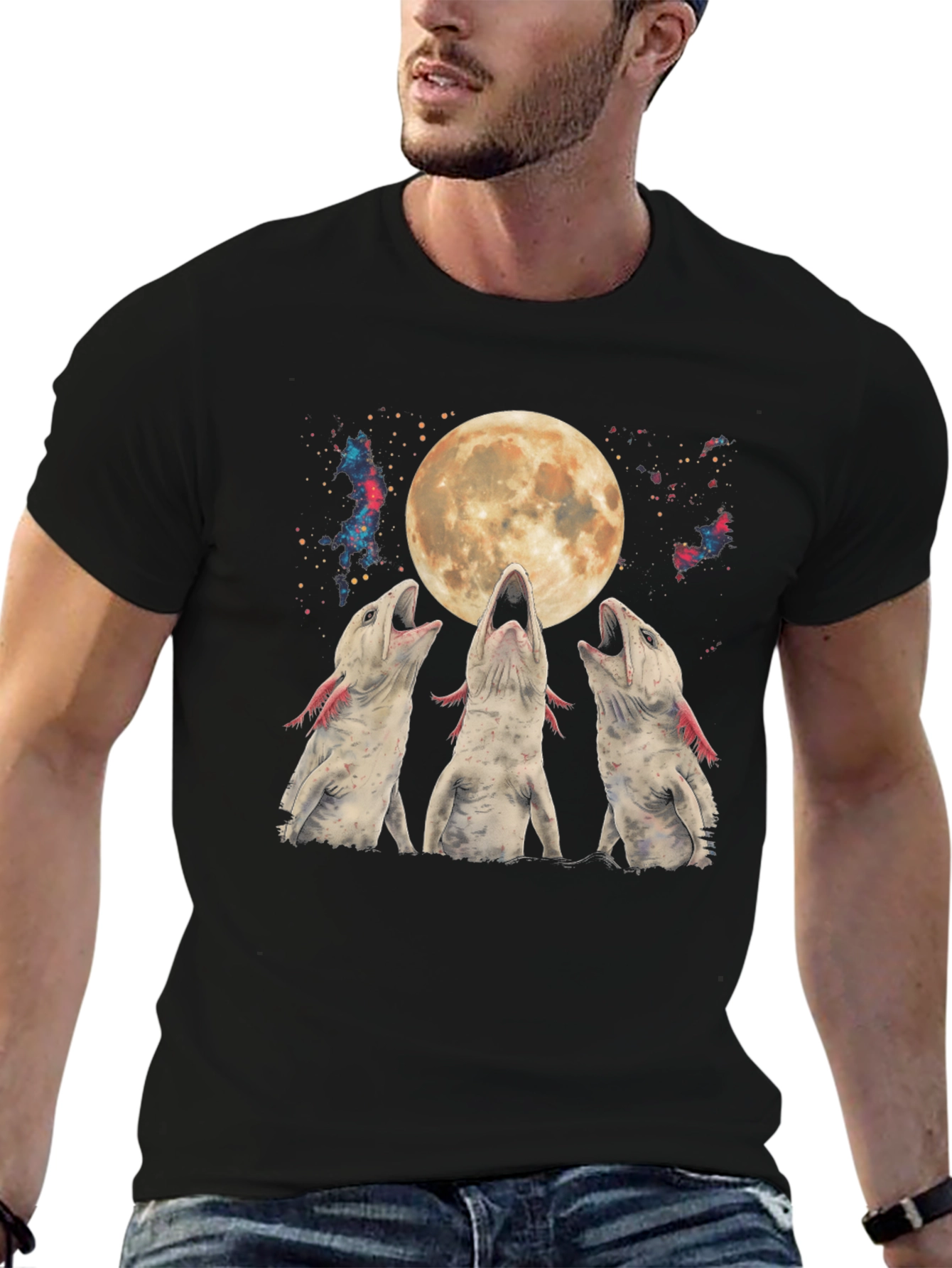 Axolotl Moon T-Shirt - Galaxy Howling Amphibian Tee