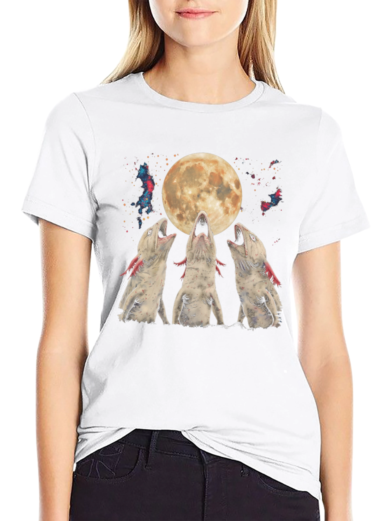 Axolotl Moon T-Shirt - Galaxy Howling Amphibian Tee