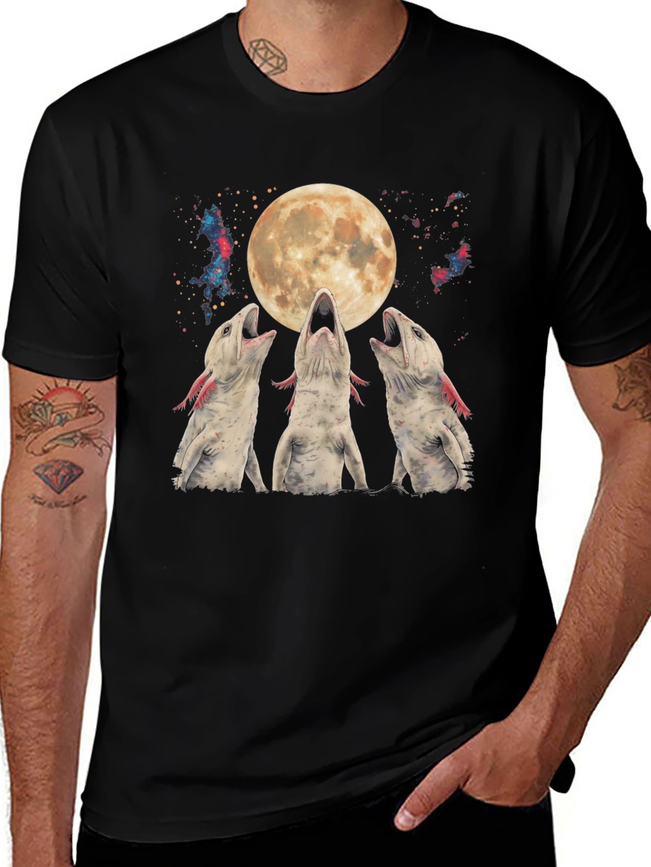 Axolotl Moon T-Shirt - Galaxy Howling Amphibian Tee