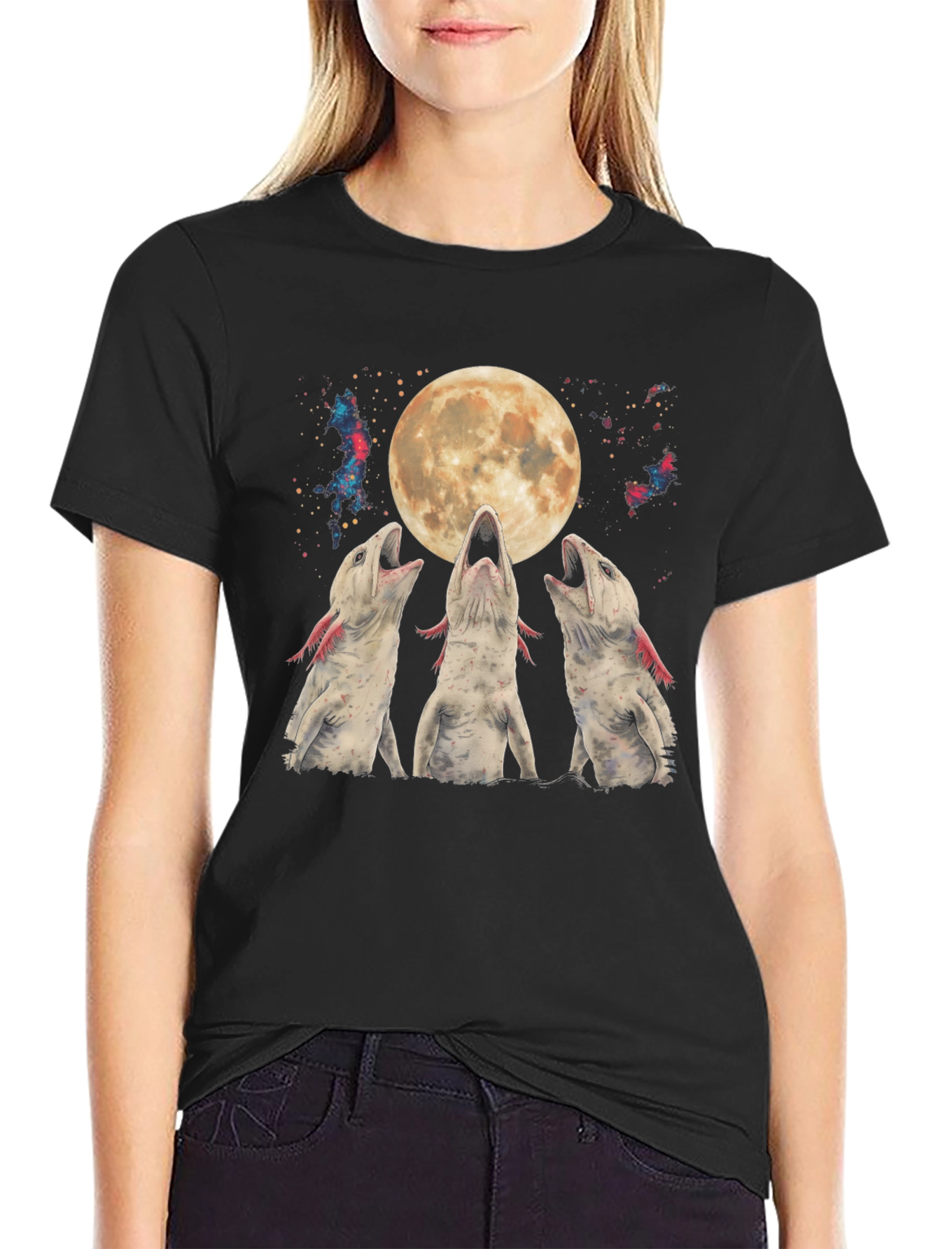 Axolotl Moon T-Shirt - Galaxy Howling Amphibian Tee