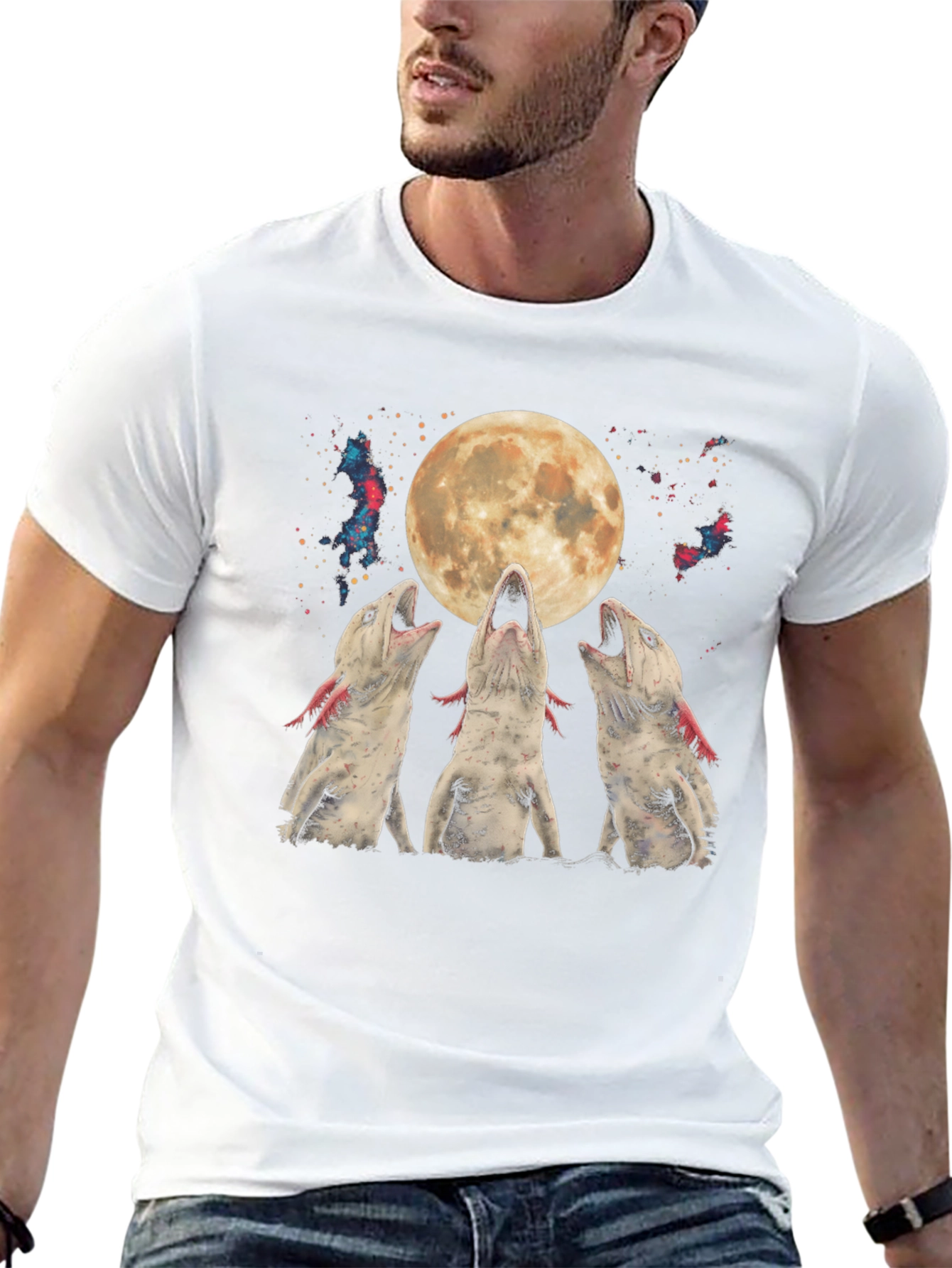 Axolotl Moon T-Shirt - Galaxy Howling Amphibian Tee