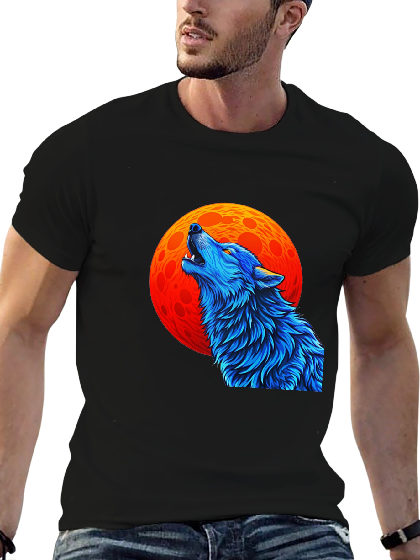Wolf Howling at Moon Graphic Black T-Shirt