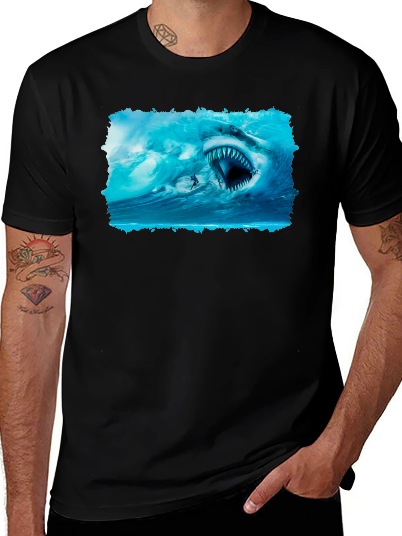 Shark Attack Graphic Tee - Black Cotton T-Shirt