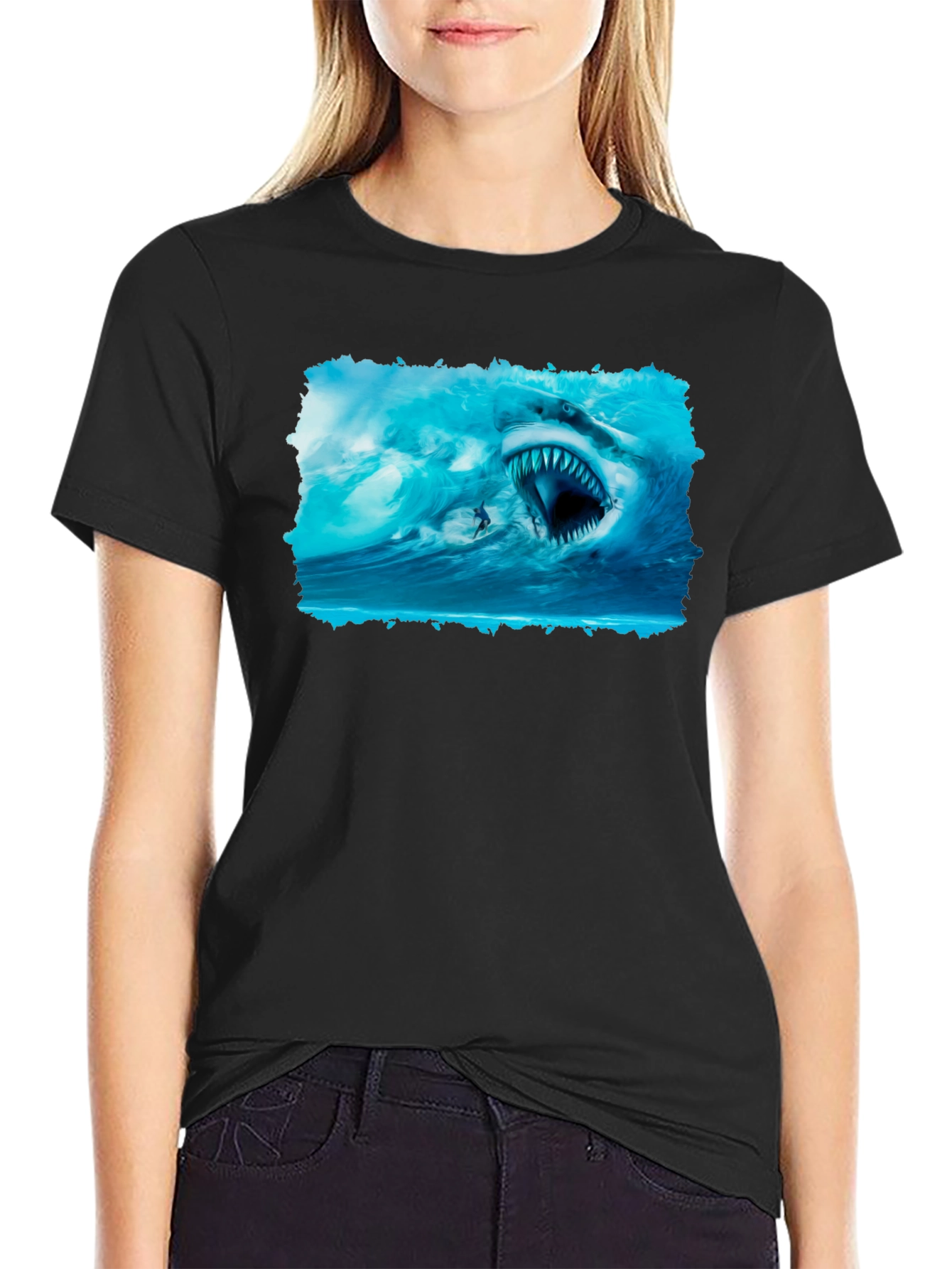 Shark Attack Graphic Tee - Black Cotton T-Shirt