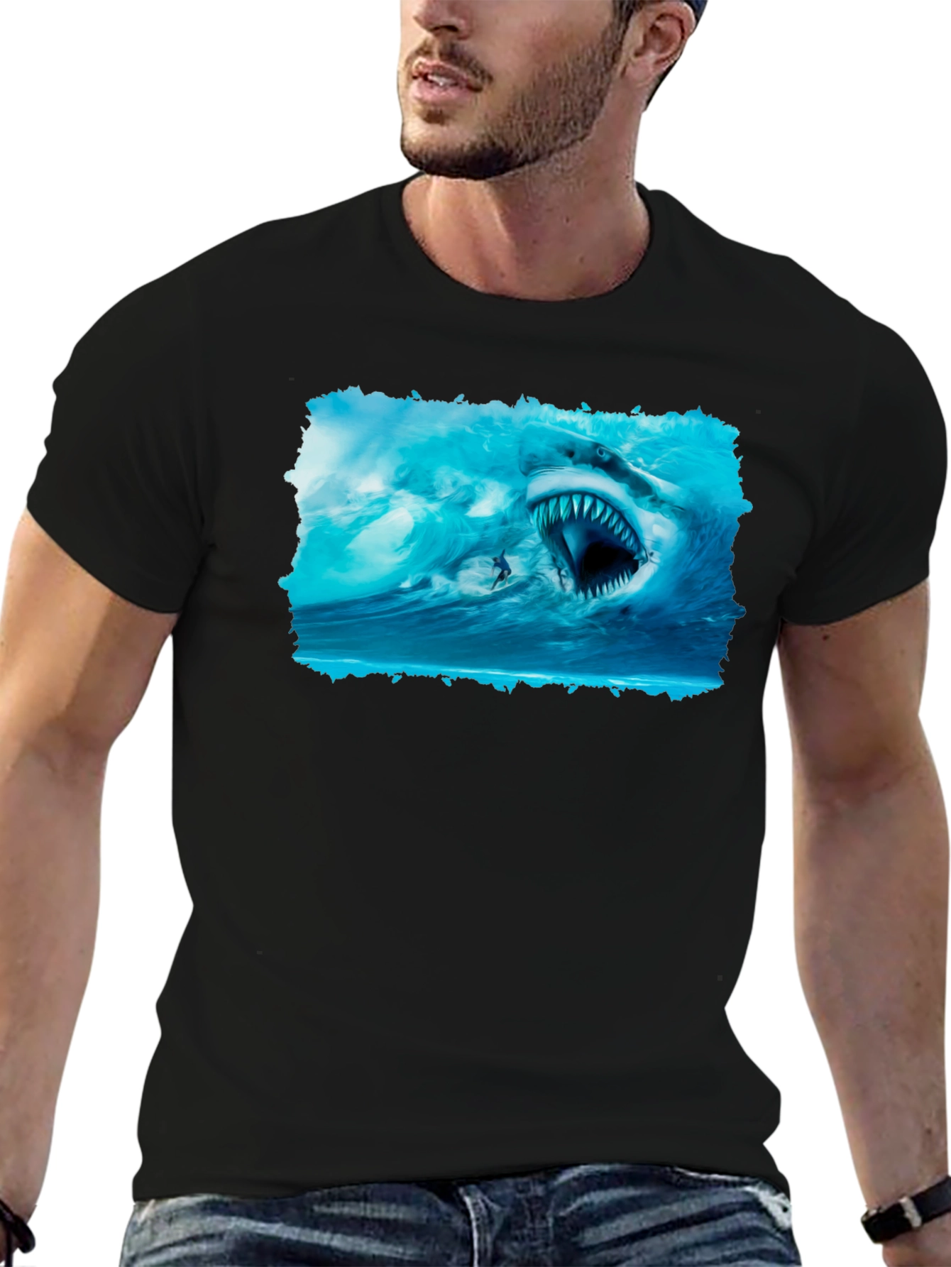 Shark Attack Graphic Tee - Black Cotton T-Shirt