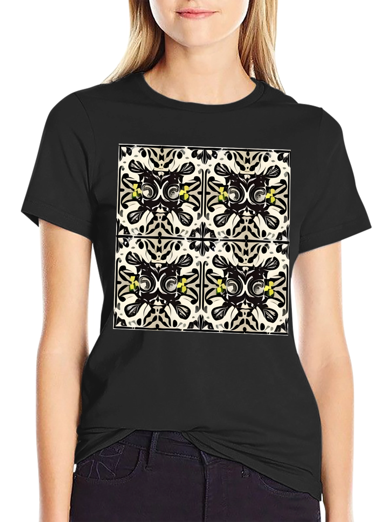 Geometric Tile Print Black T-Shirt