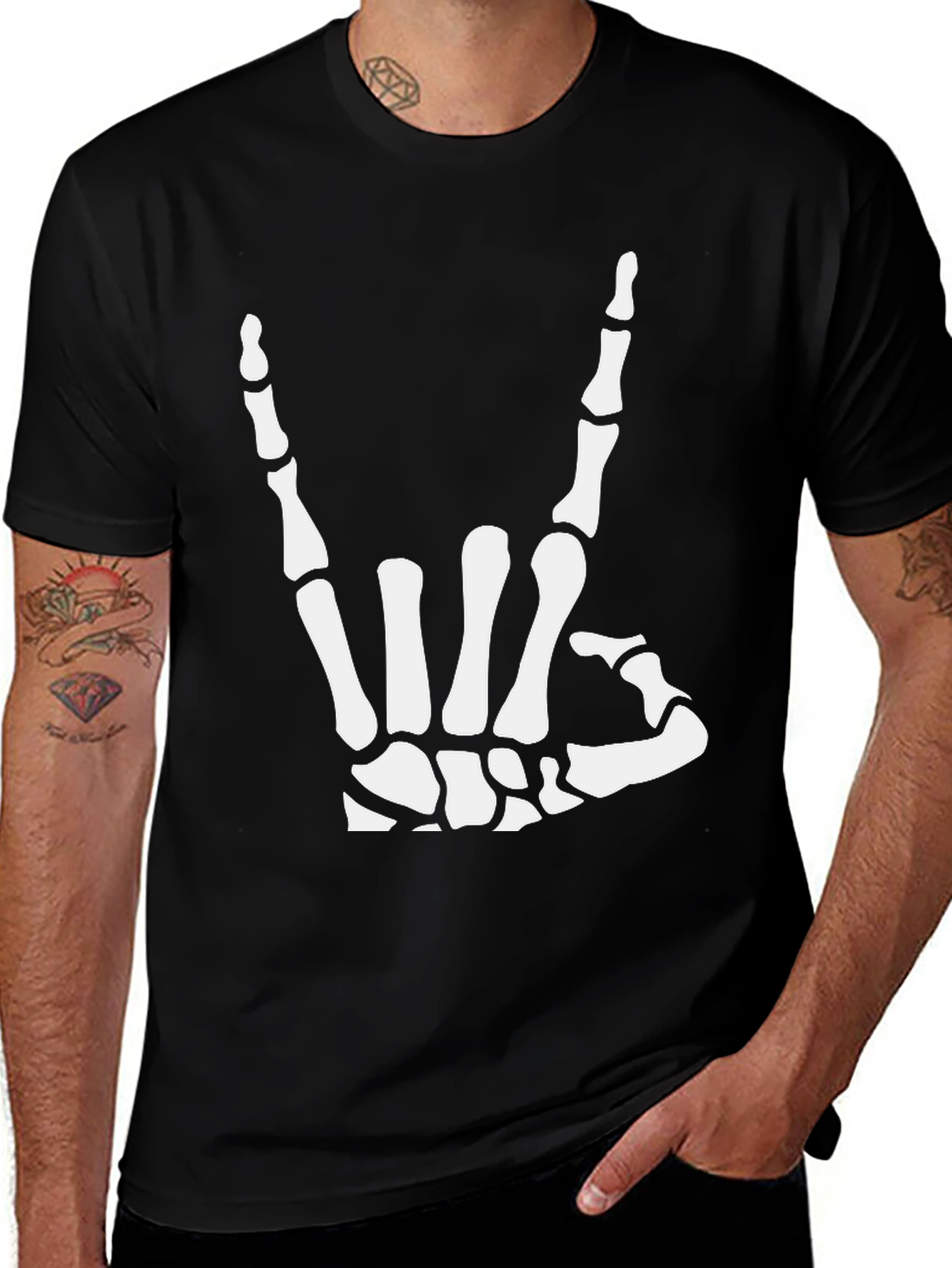 Rock On Skeleton Hand Black Graphic T-Shirt