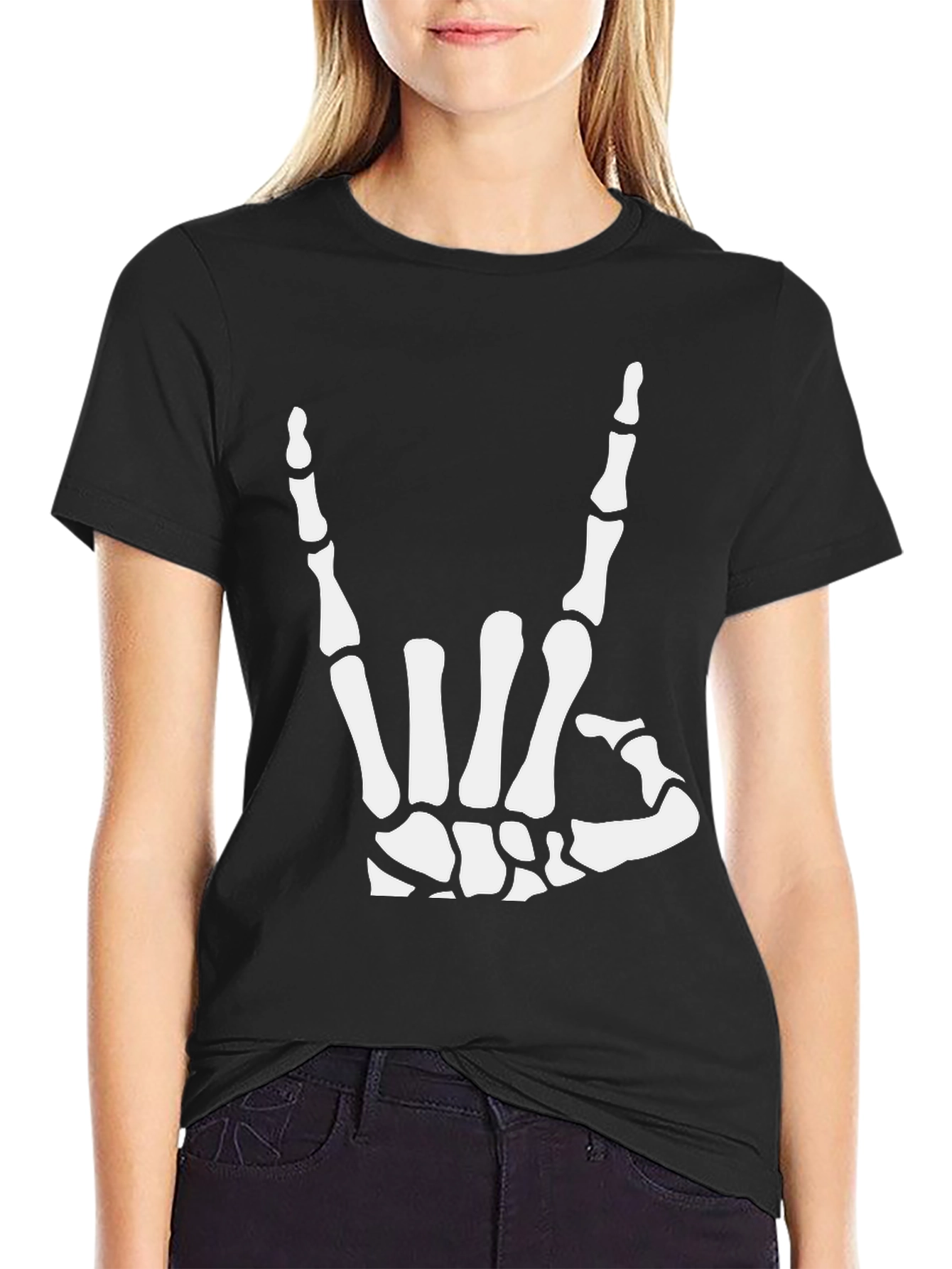 Rock On Skeleton Hand Black Graphic T-Shirt