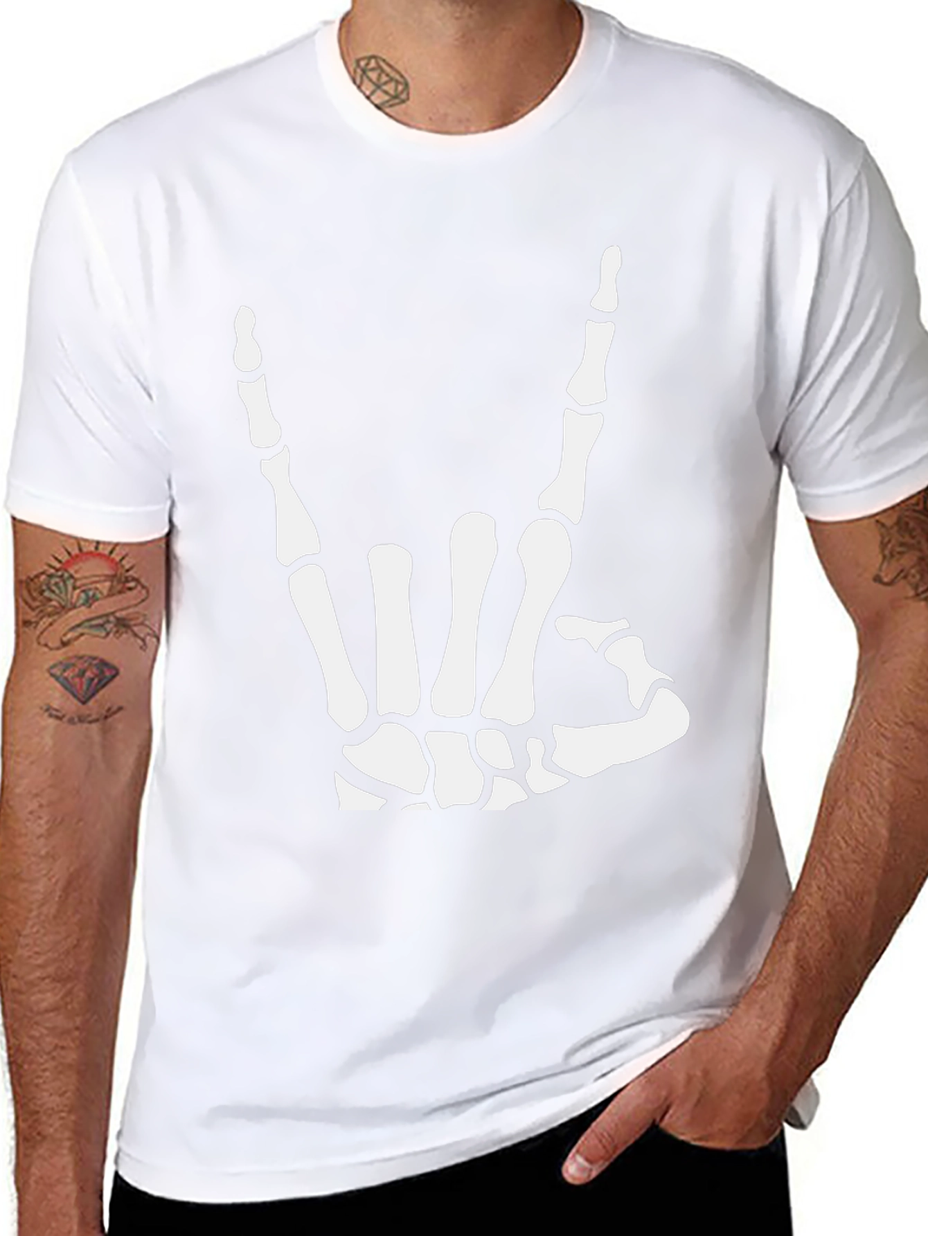 Rock On Skeleton Hand Black Graphic T-Shirt