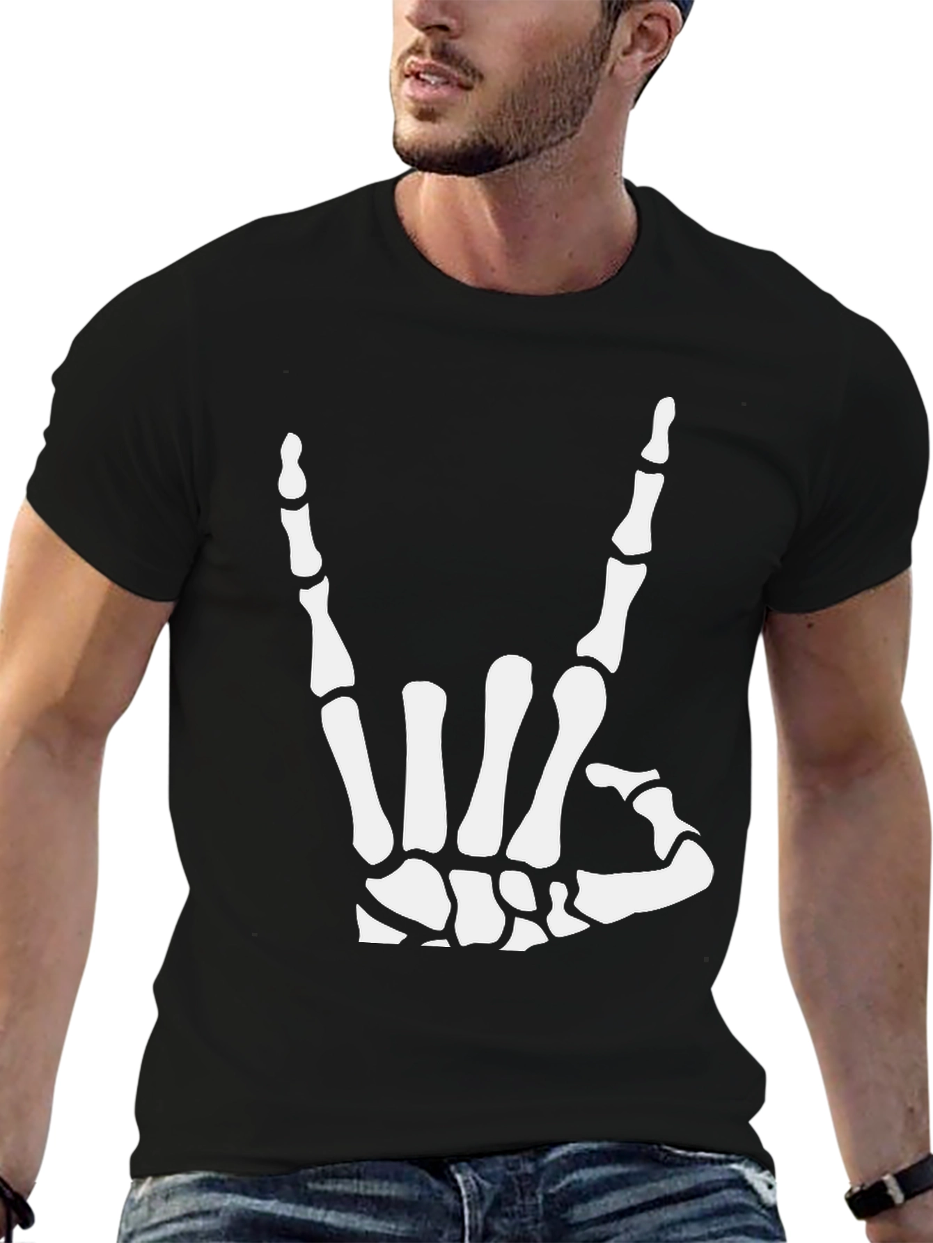 Rock On Skeleton Hand Black Graphic T-Shirt
