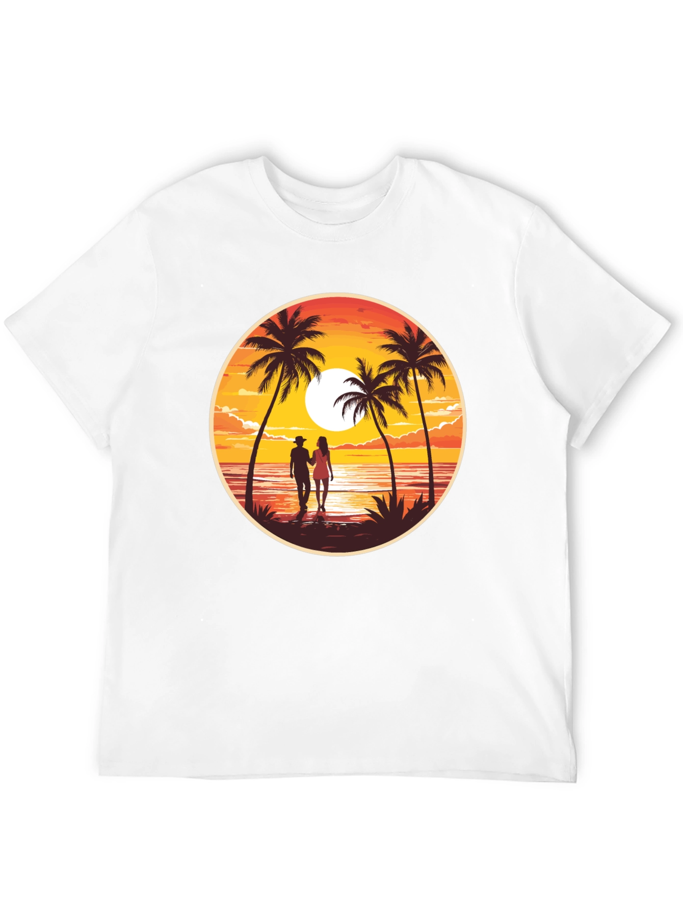 Sunset Beach Couple Graphic Tee - Black Cotton T-Shirt