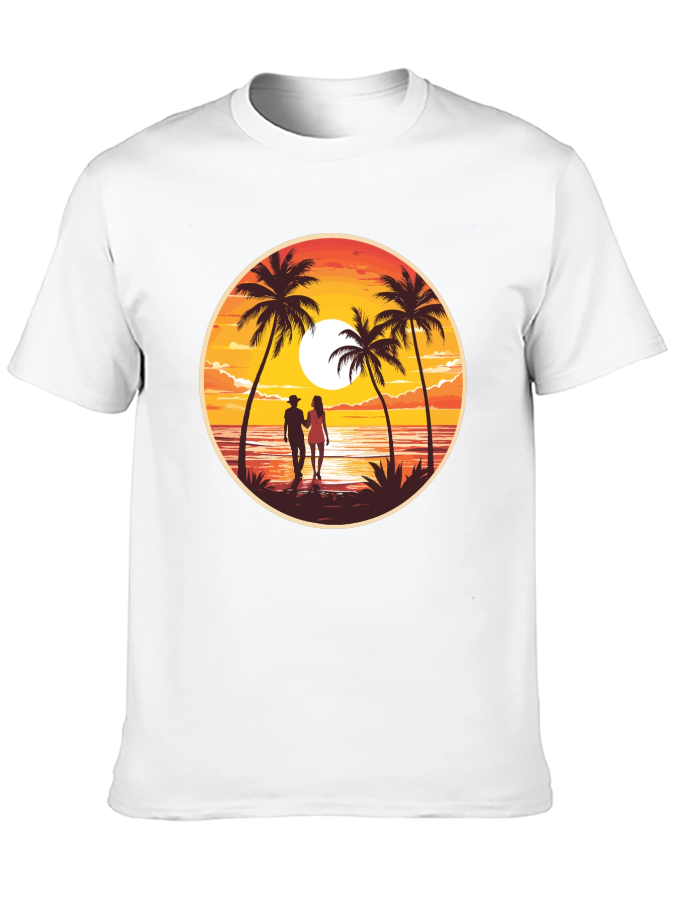 Sunset Beach Couple Graphic Tee - Black Cotton T-Shirt