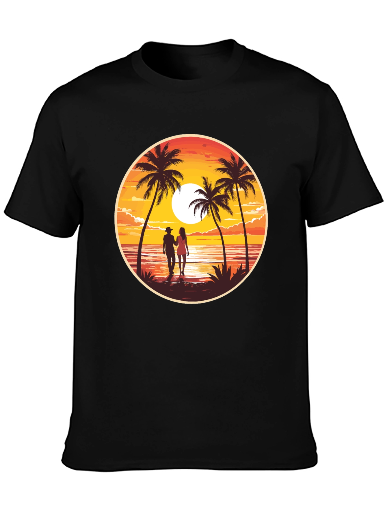 Sunset Beach Couple Graphic Tee - Black Cotton T-Shirt