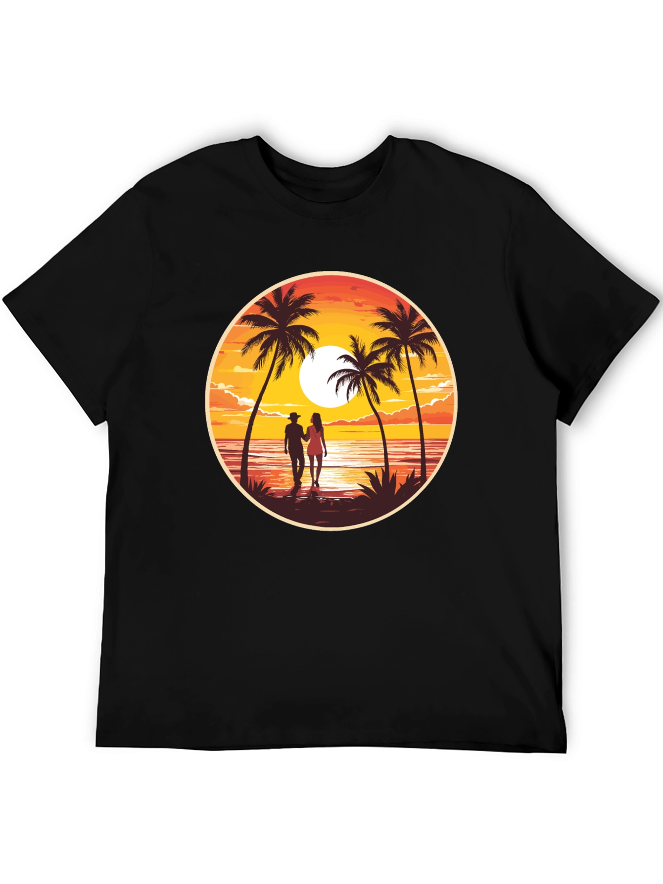 Sunset Beach Couple Graphic Tee - Black Cotton T-Shirt