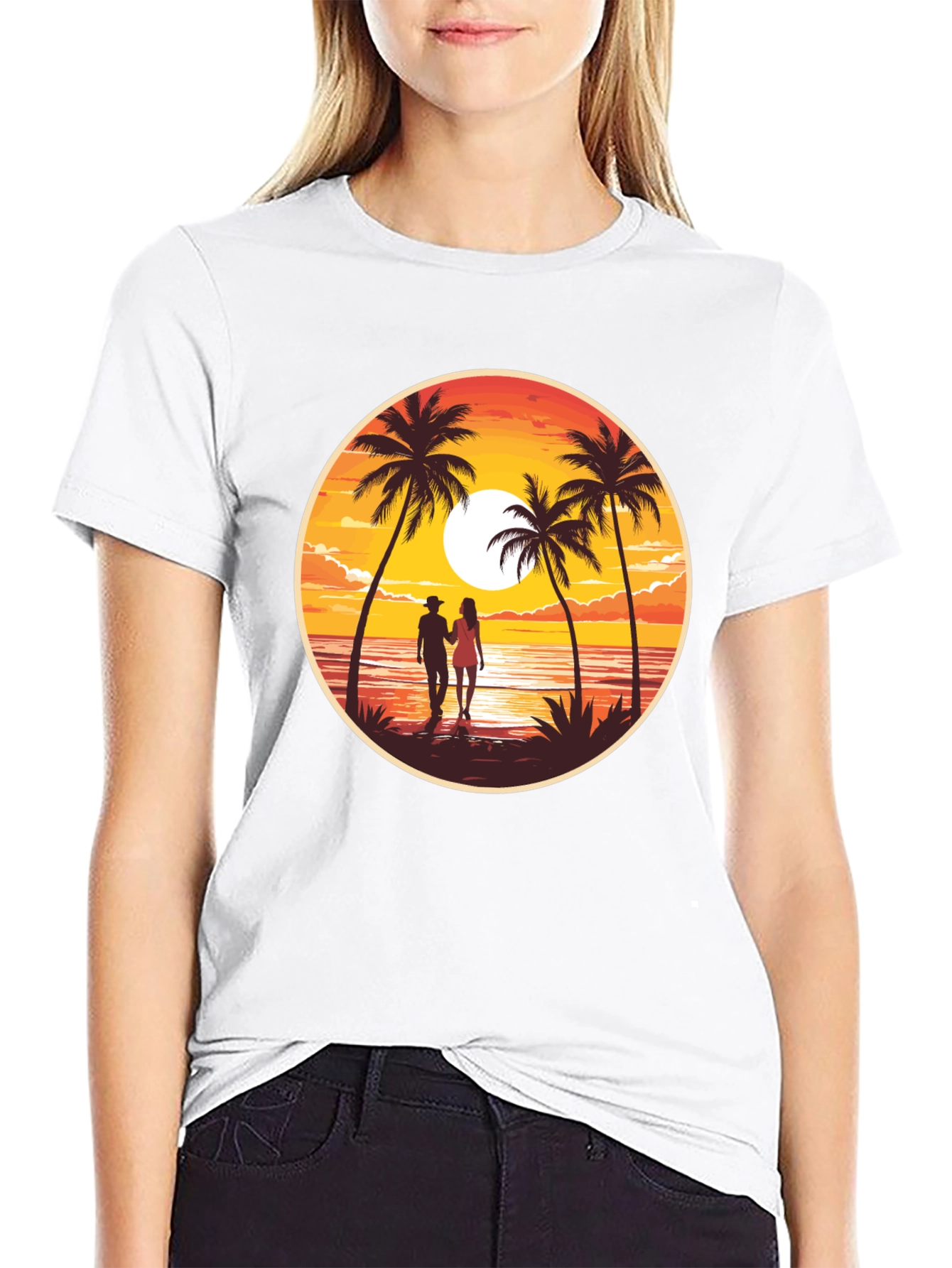 Sunset Beach Couple Graphic Tee - Black Cotton T-Shirt