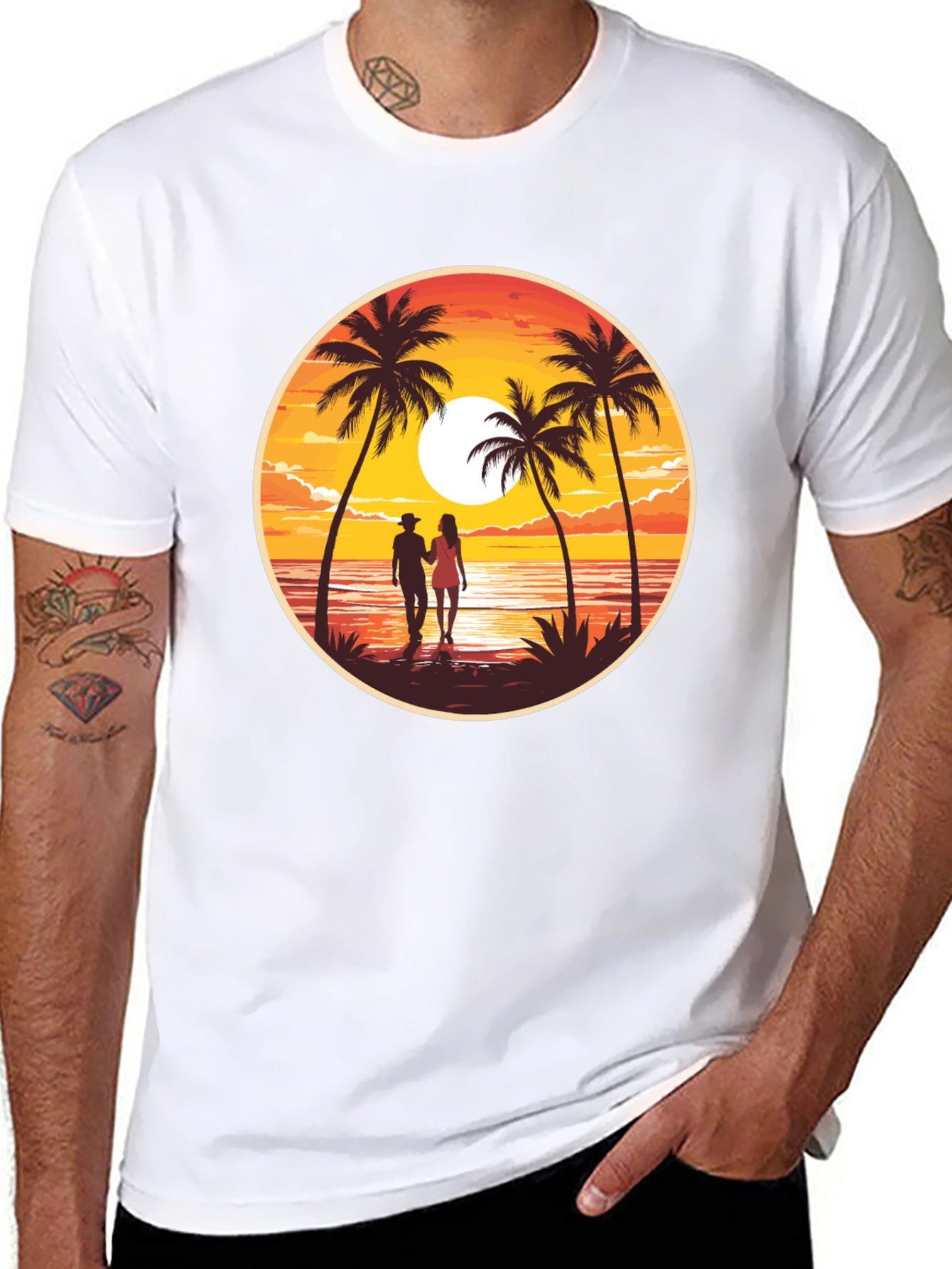 Sunset Beach Couple Graphic Tee - Black Cotton T-Shirt