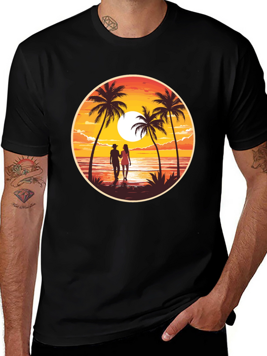Sunset Beach Couple Graphic Tee - Black Cotton T-Shirt