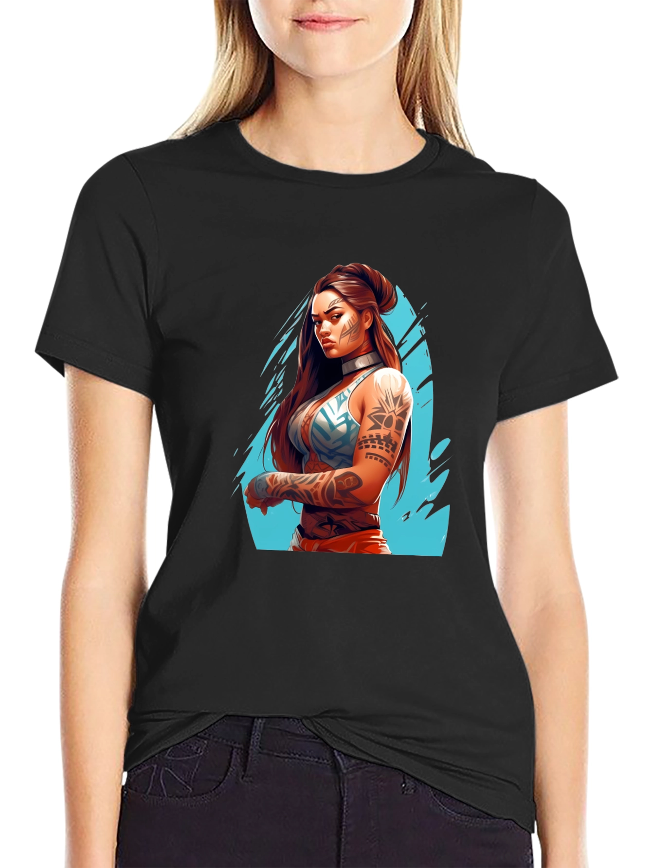 Tattooed Warrior Woman Graphic Black T-Shirt