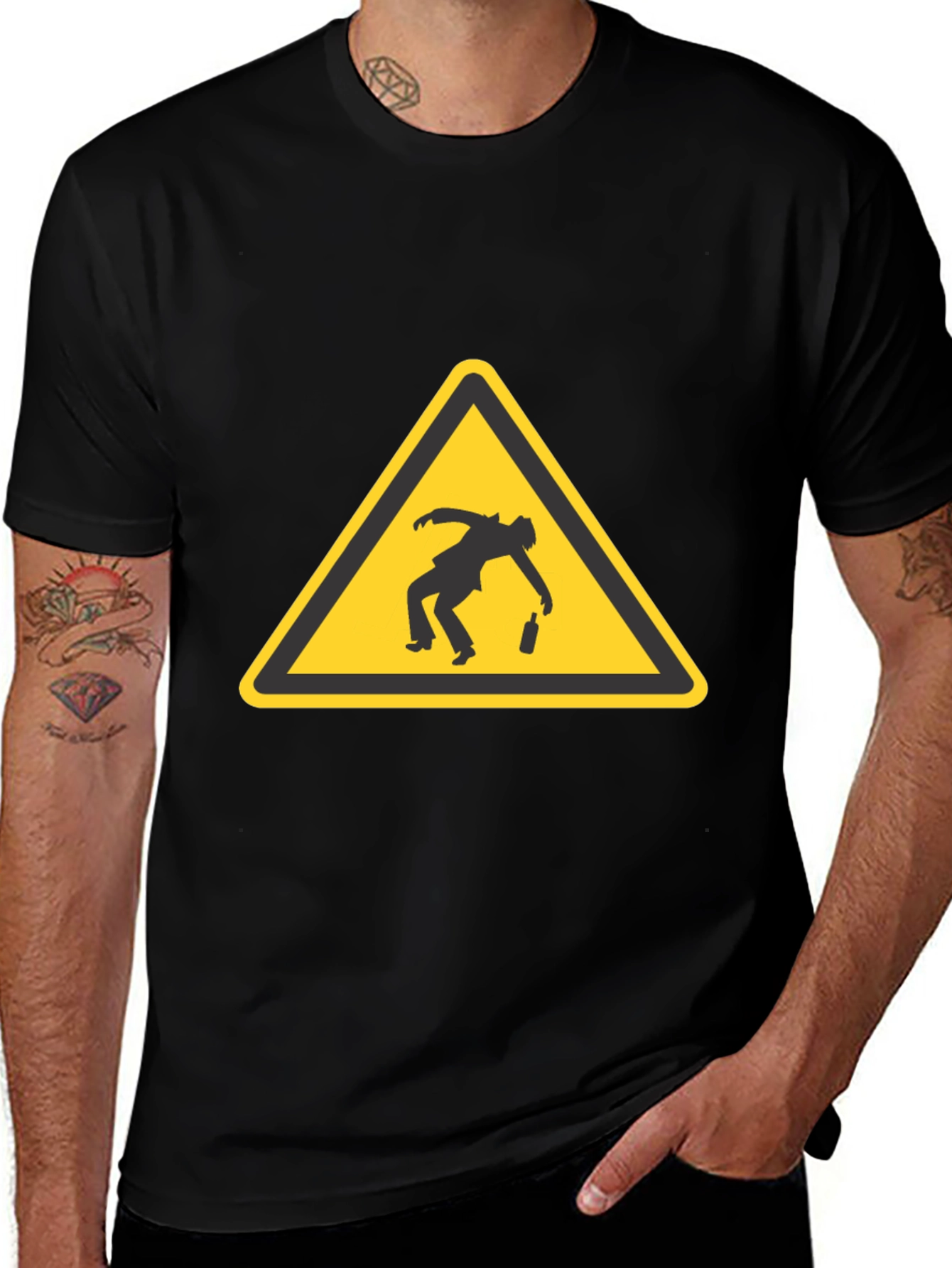 Drunk Man Warning Sign Black T-Shirt