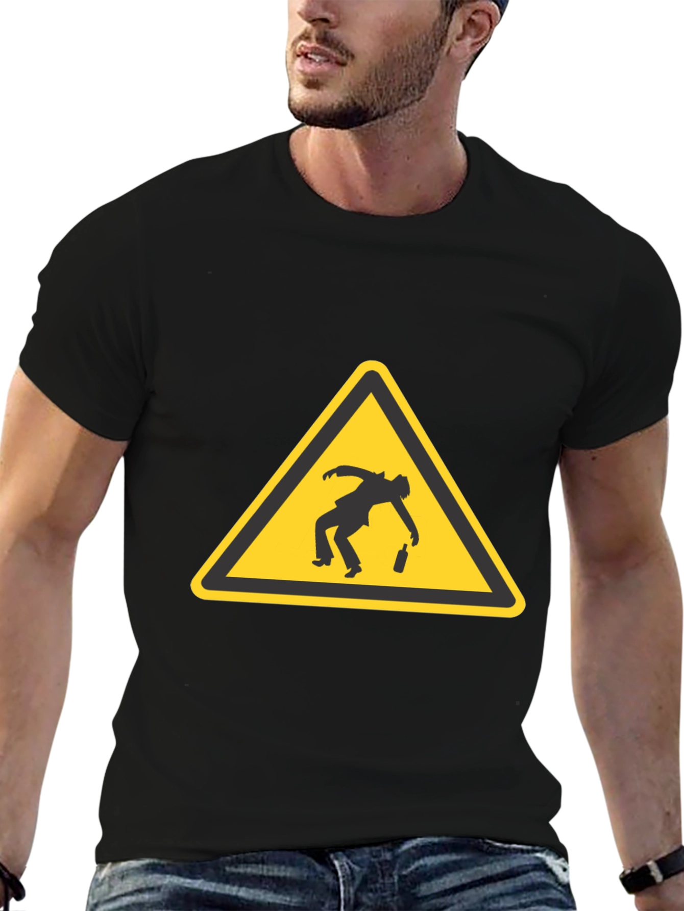 Drunk Man Warning Sign Black T-Shirt